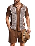 Men&apos;s 2 Piece Outfit Vintage Short Sleeve Button Down Knit Polo Shirts Casual Beach Shorts Sets