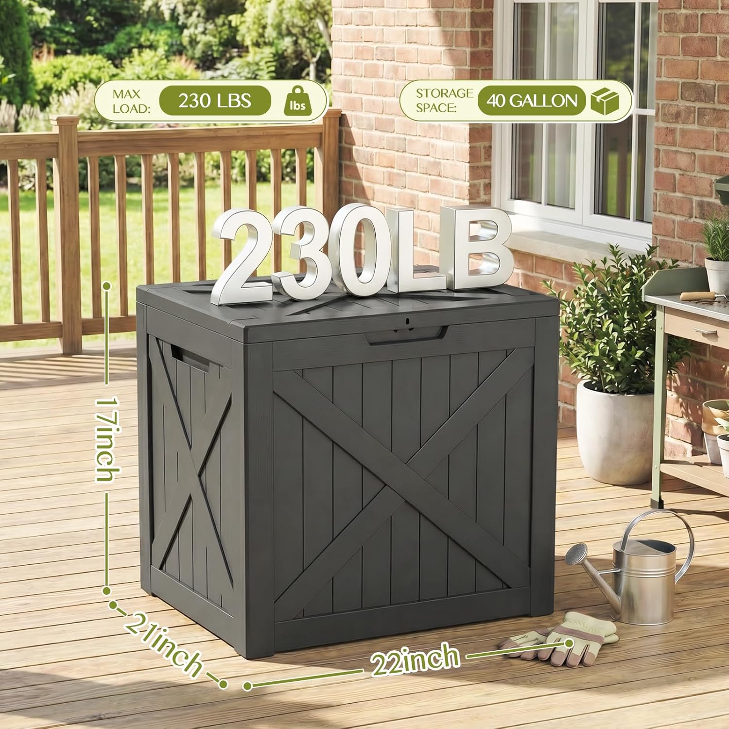 Waterproof Outdoor Storage Box Outside Deck Box Lockable Resin Bench UV Resistant Furniture Cushion Pool Tool Float Bin Patio Garden Porch (Black, 40 Gallon)