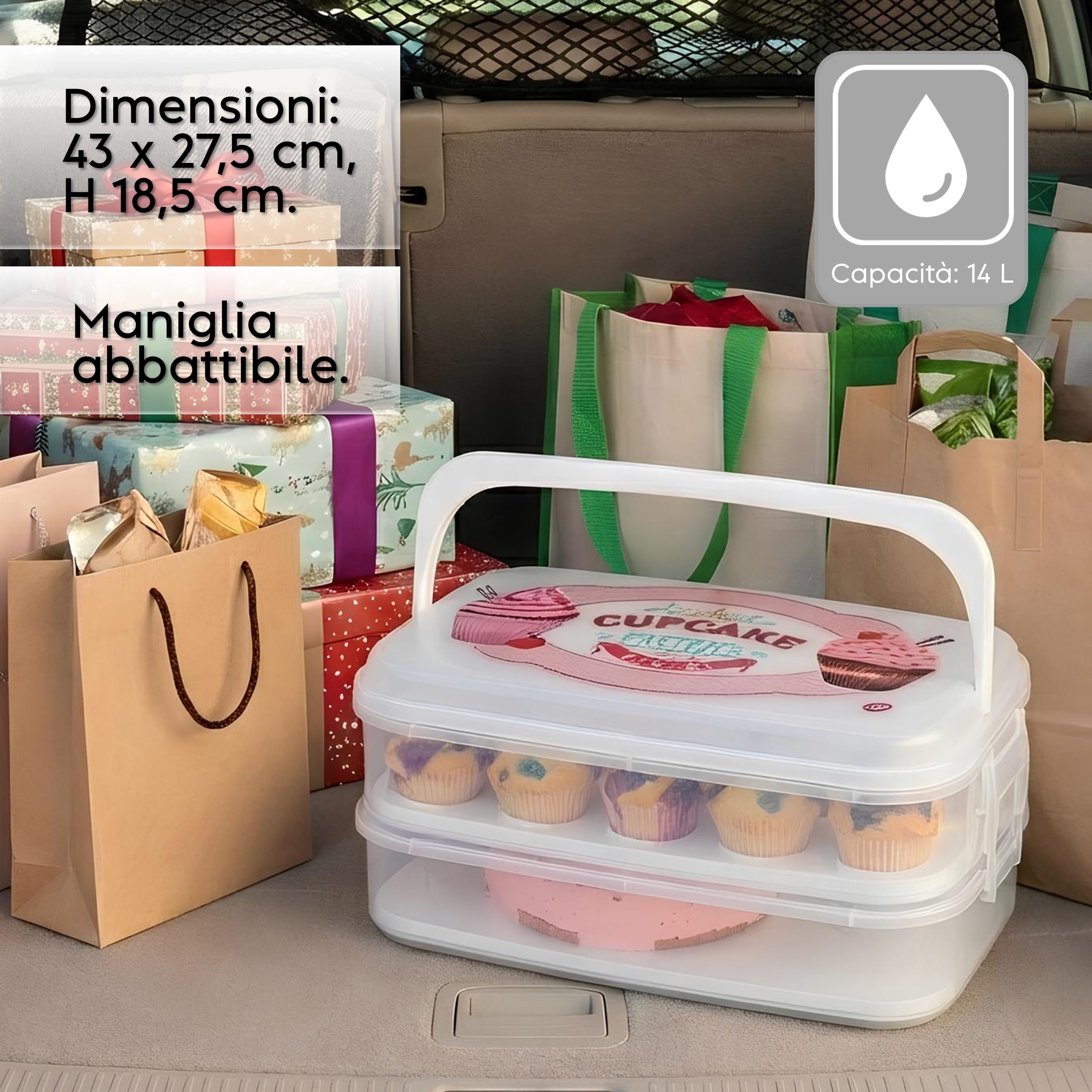 Snips - Porta Cupcake, Muffin e Porta Torta con Coperchio a 2 Contenitori Alimenti Smontabili, 14L - Scatola per 28 Cupcakes, Bignè, Dolcetti e Manico per Trasporto Dolci, Scatole Pasticceria e Feste