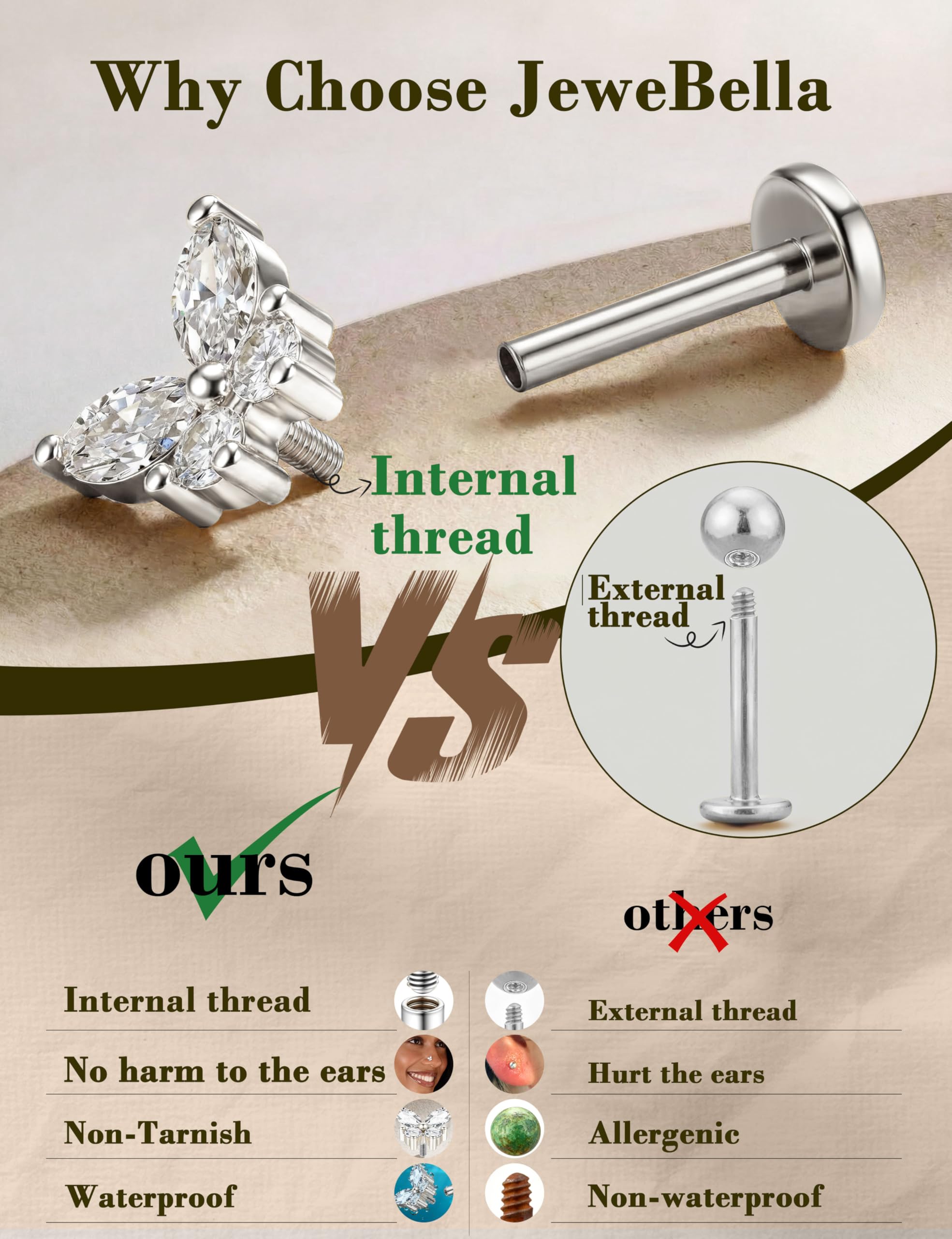JewBella 12 Pezzi 16G Cartilagine Helix Orecchini per Donna Uomo Acciaio Chirurgico Filettato Internamente CZ Luna Cuore Stella Foglia Labret Monroe Naso Stud Piercing Conch Trago Helix Argento/Oro