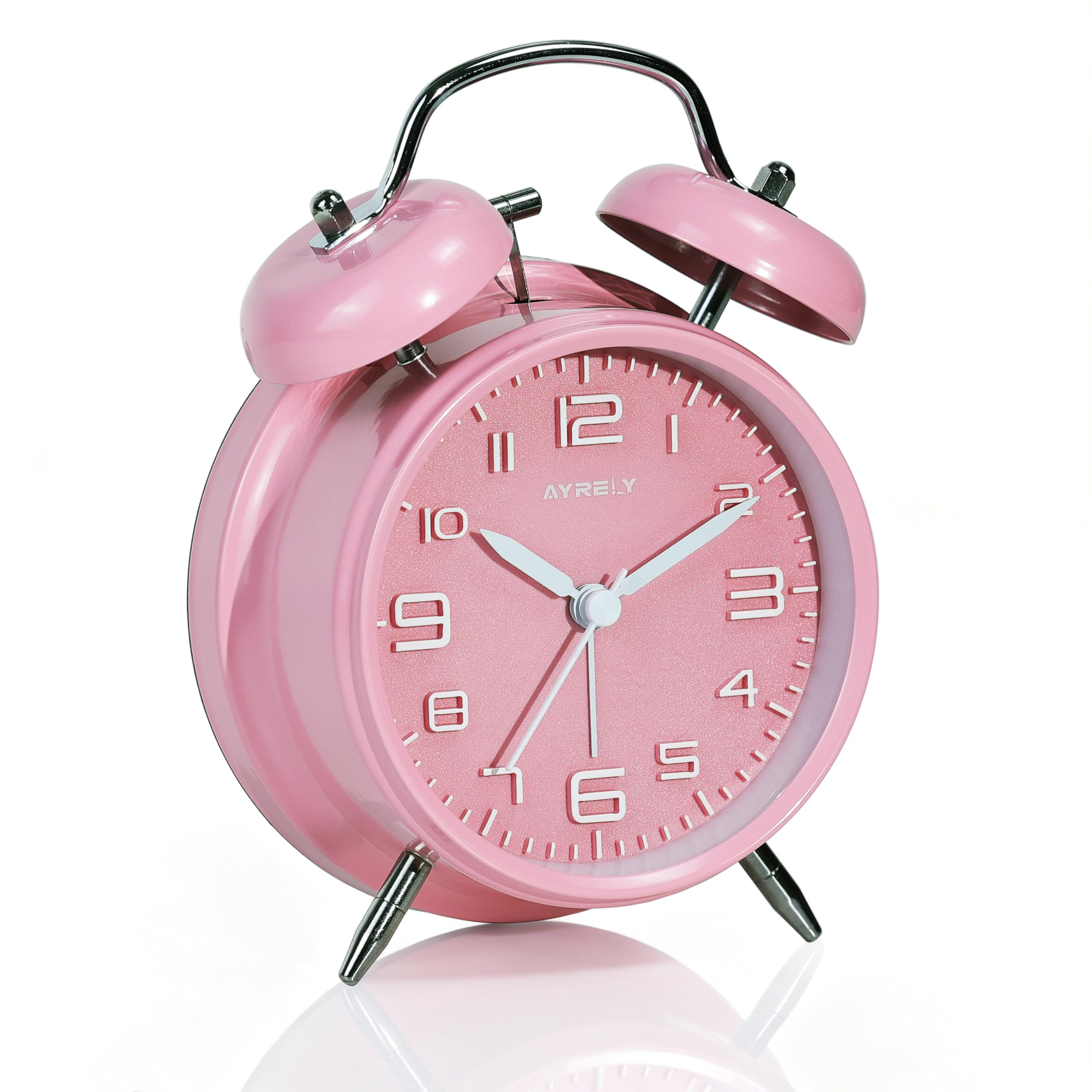 AYRELY® Loud Alarm Clock for Heavy Sleepers, Retro Twin Bell Design, 4-Inch Silent Analogue Clock with Pearl Dial and Night Light, Battery Operated Bedside or Desk Clock (3D Dial–Pink)