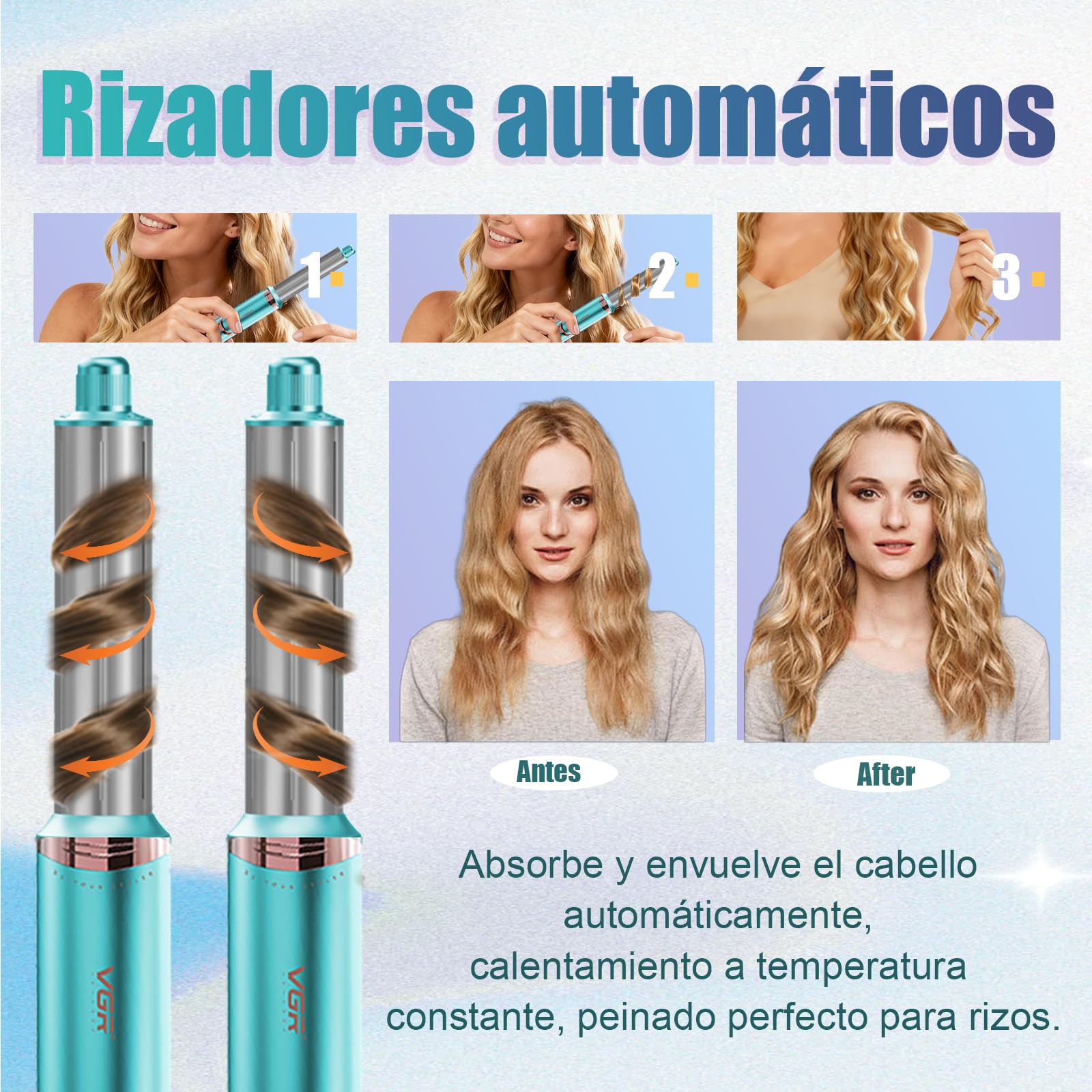 VGR 477 Multiestilizador de Aire Caliente 7 en 1 con Pantalla LED, Verde | Motor BLDC 110000 RPM, 4 Temperaturas y 3 Velocidades, Tecnología Iónica, Cable Giratorio 360°, Secador y Rizador 1200–1400 W