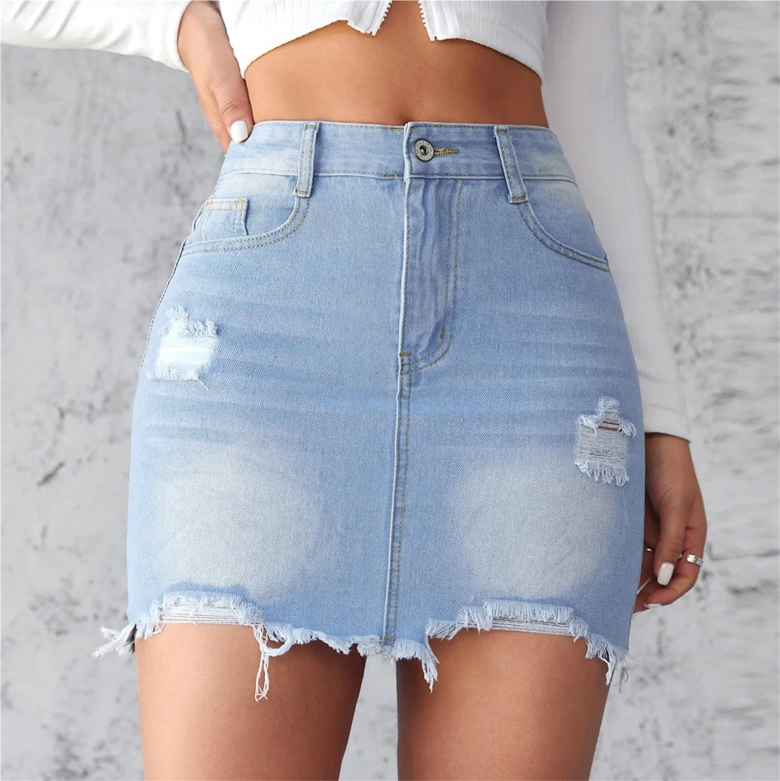Gonna di jeans da donna corta a trapezio con bordi sexy in