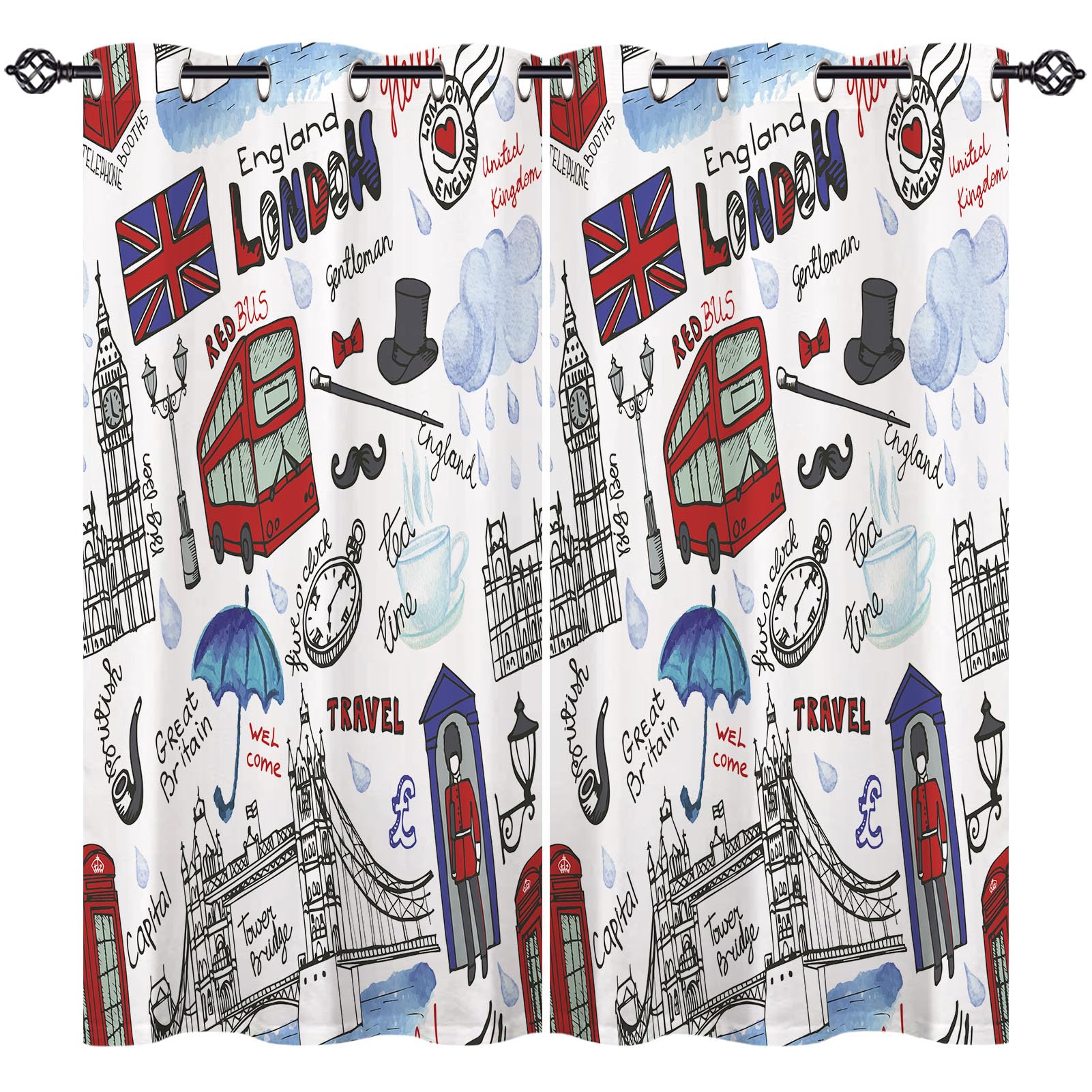 ANHOPE London Curtains Eyelet 80% Blackout Room Darkening Curtains with Famous England Vintage Icons Print Pattern Thermal Insulated Window Drapes for Bedroom Living Room 30 x 63 Inch Drop 2 Panels