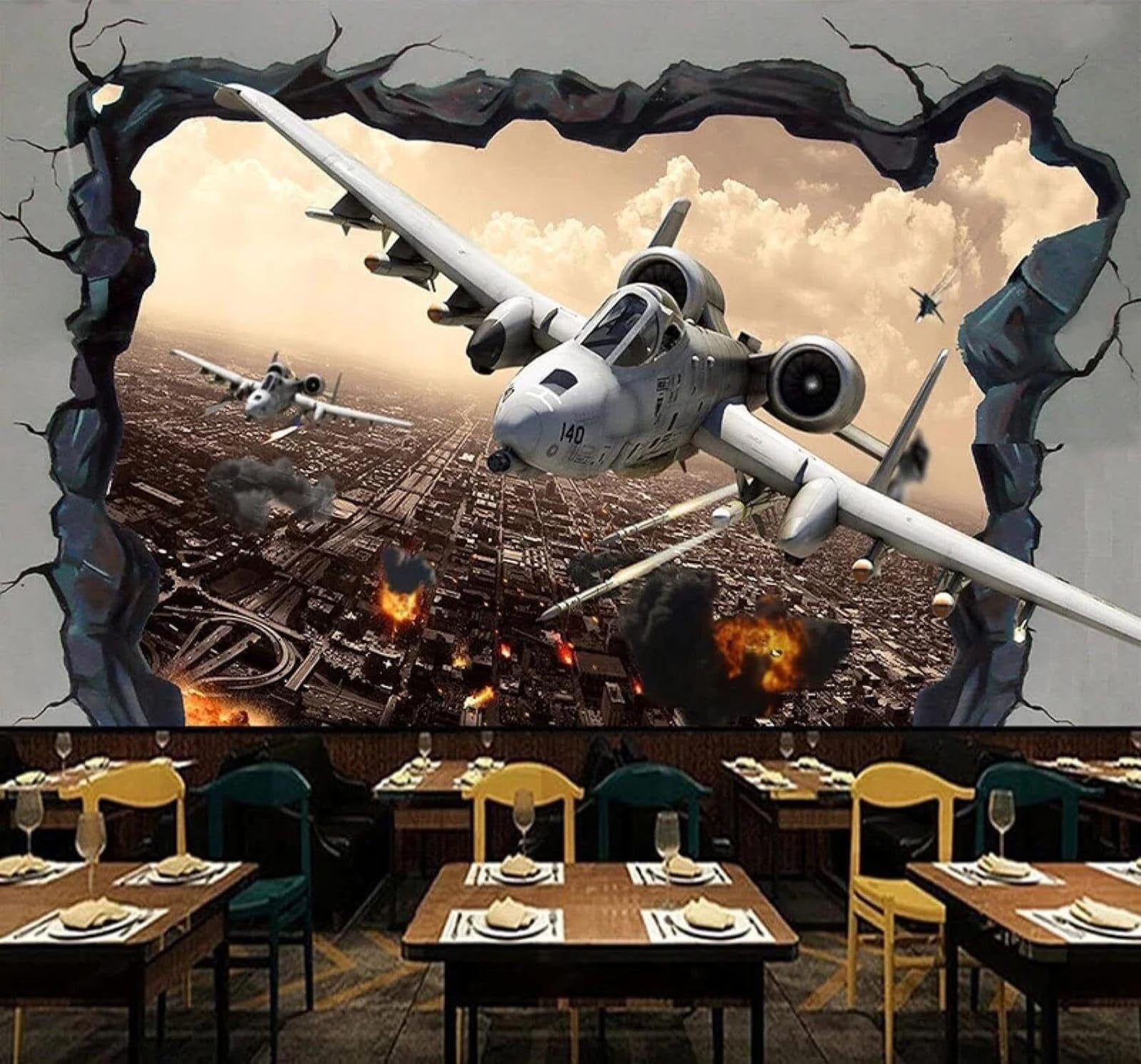 XLMING Creative Three Dimensional Aeroplane City Architecture Broken Wall 3D Wallpaper Luxury Home Dining Decor Paste Sofa Living Room The Wall for Bedroom Mural-400cm×280cm