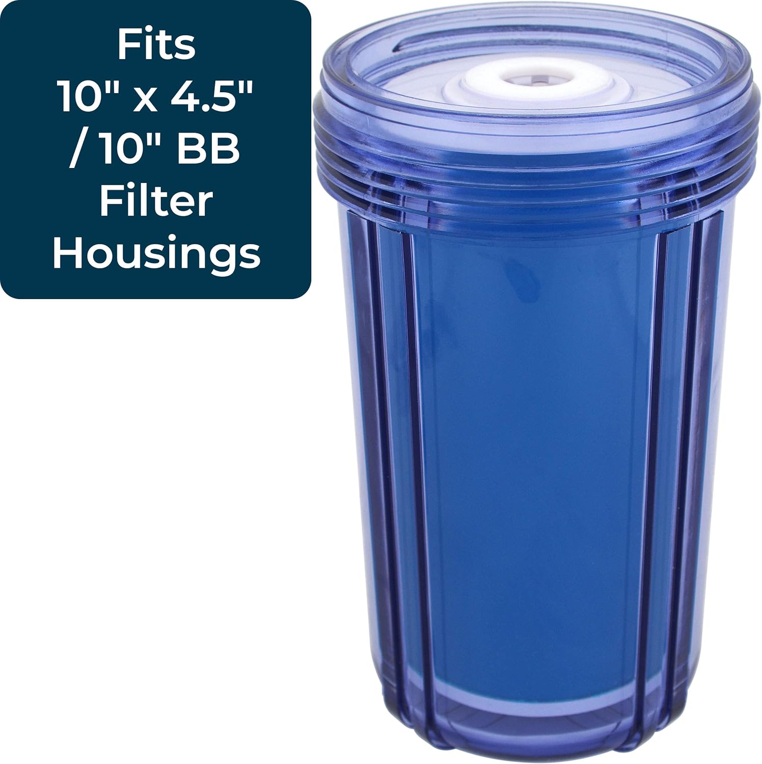 A clear blue water filter housing with a SpiroPure filter inside, indicating compatibility with 10 inch by 4.5 inch BB filter housings.
