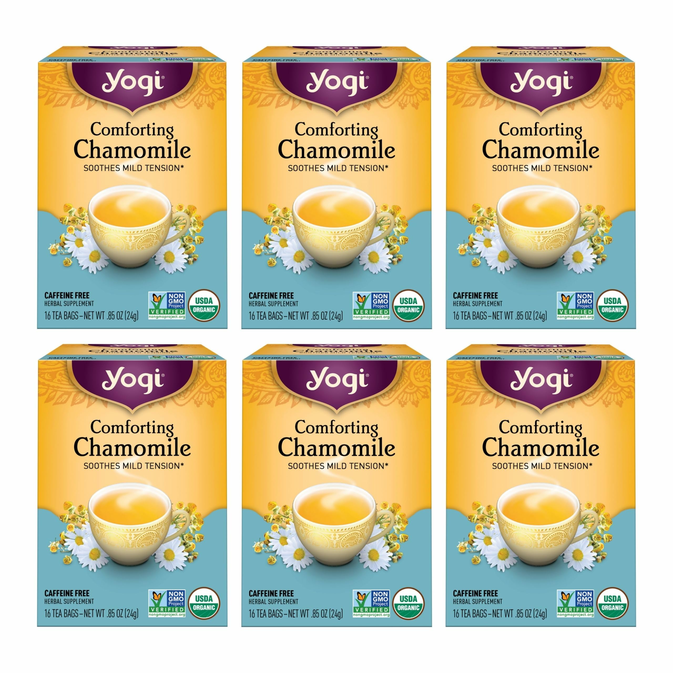 Yogi Tea Comforting Chamomile Tea - 16 Tea Bags per Pack (6 Packs) - Organic Chamomile Tea Bags - Supports a Good Night's Sleep & Occasional Stomach Discomfort - Made from Organic Chamomile Flower