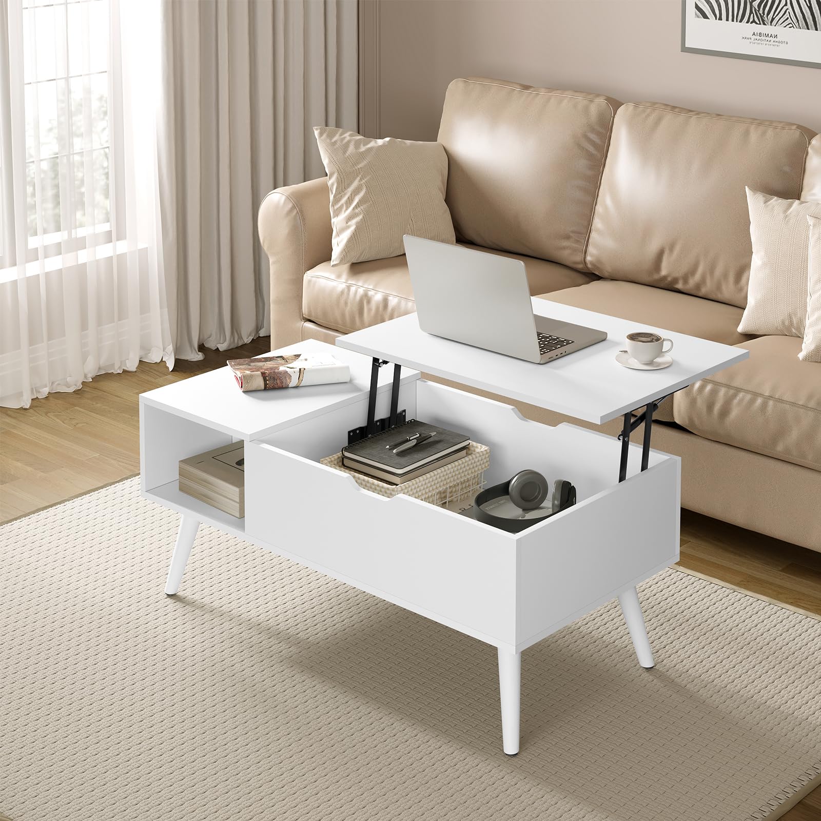 WOLTU Mesa Centro Elevable, Mesita Salon con Espacio Interno y Compartimento Abierto, Mesa de Salón Elevable y Extensible, Mesilla Auxiliar Multifuncional, 100x50x(43-57) cm, Blanco, BTS26ws