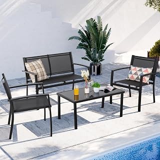 Shintenchi Outdoor 4 Pieces Patio Conversation Furniture Set, Loveseat, 2 Single Chairs & Glass Coffee Table, Breathable Backrest Material for Patio/Garden/Porch, Black
