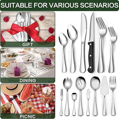 Miniatura 6 de CEKEE - Juego de cubiertos de 80 piezas con utensilios de servir, juego de cubiertos de acero inoxidable para 12 personas con cuchillos para carne,