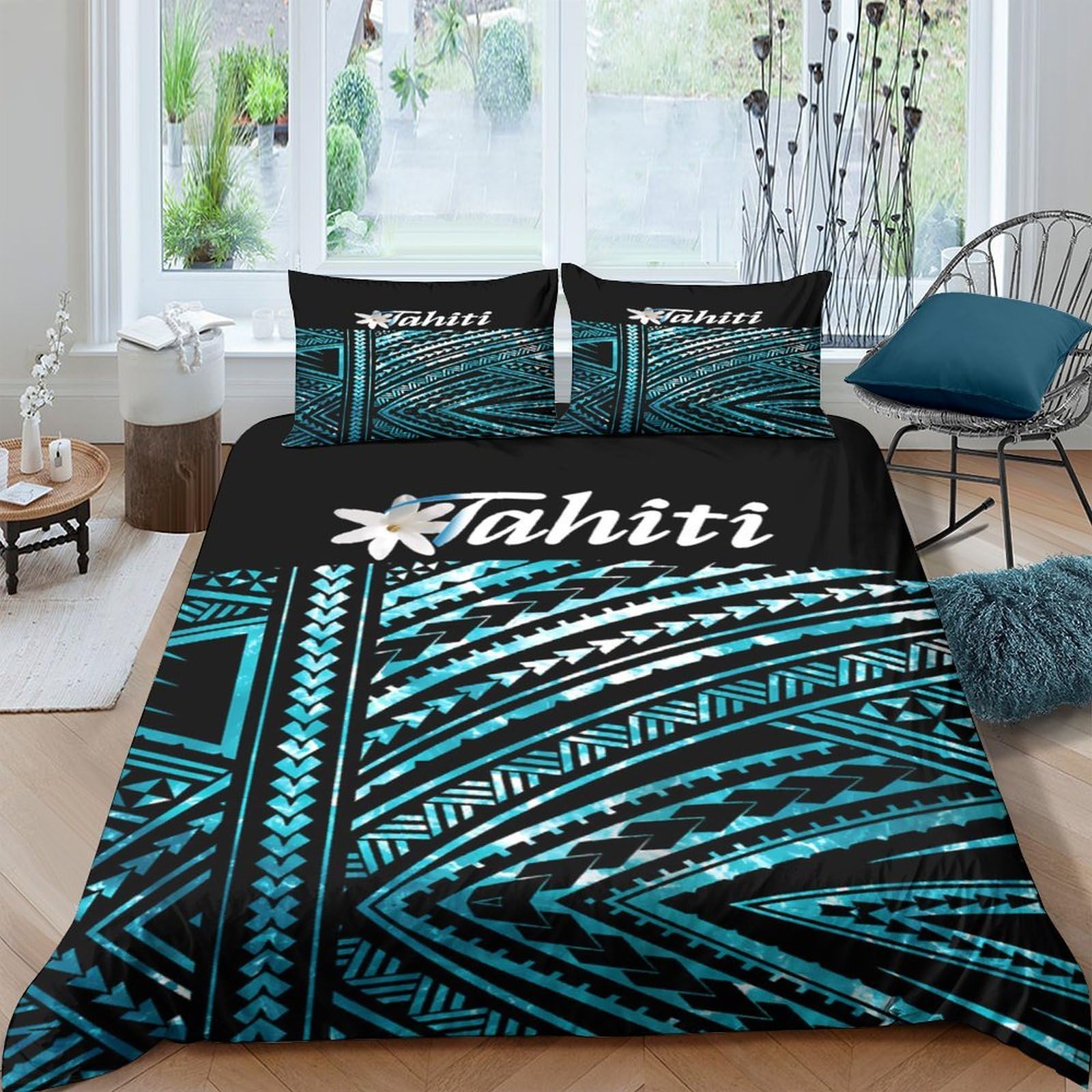 Ctjqhvkz Style-1 3D Printed Tahiti Tribal Pattern Fitted Sheet Microfiber Black Blue Bed Cover For Bedroom Guest Room Dustproof Decor Single（135X200cm）