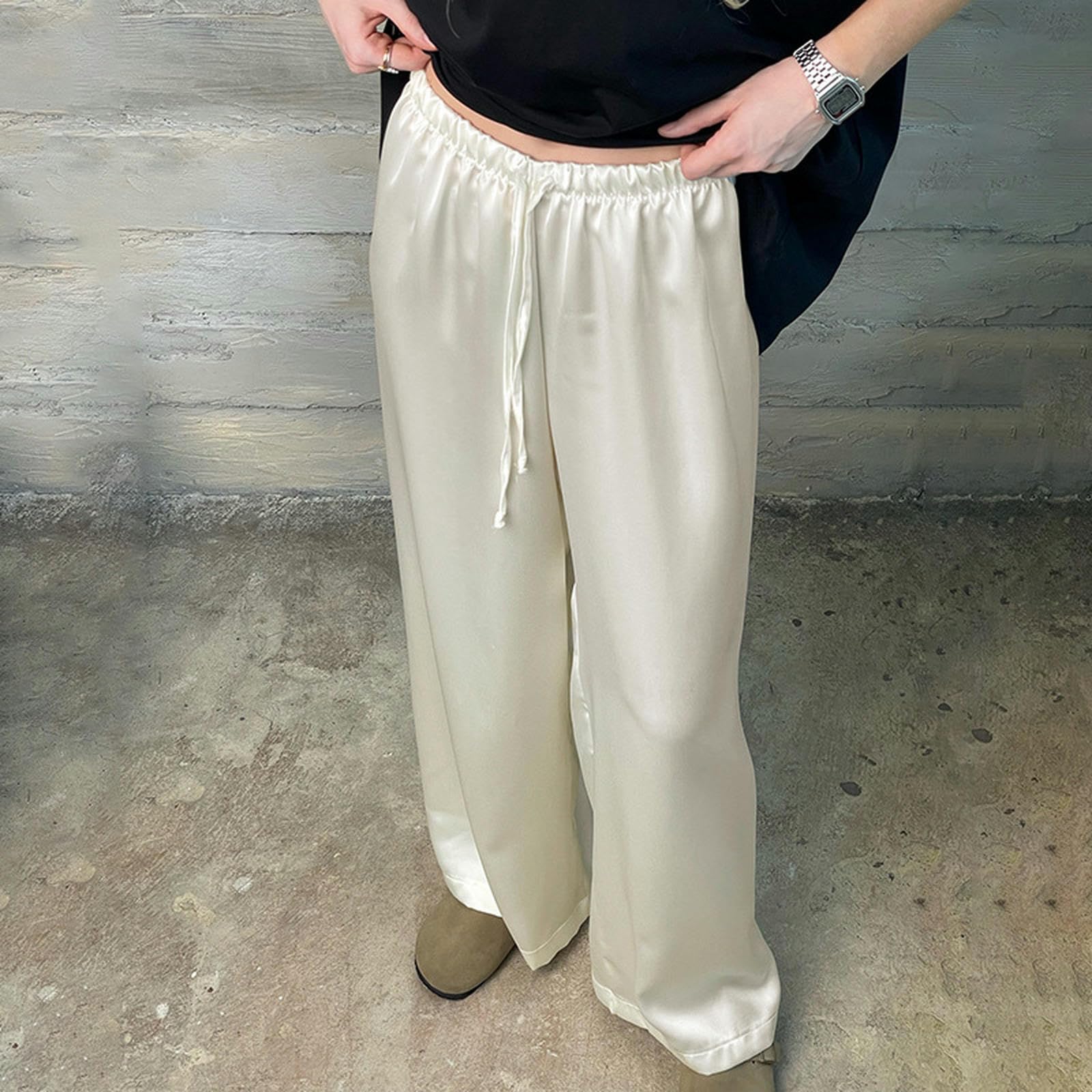 Pantaloni Street Style Americani in Maglia Leggera e Morbida Pantaloni Dritti Basic a Vita Bassa con Coulisse-Bianco Sporco-M