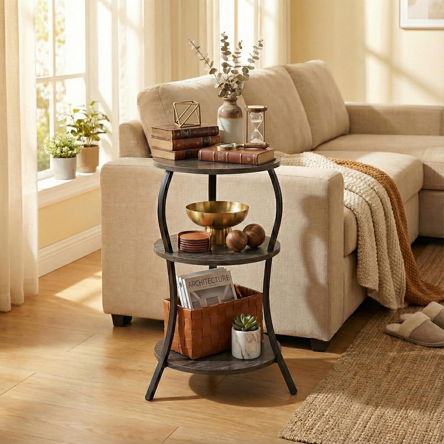 Vintage Small Round Side Table, 3-Tier Slim Waist Circular End Table with Storage Shelf, Compact Tea Sofa Side Table, Round Corner Coffee Table Nightstand for Living Room Bedroom Small Spaces,Grey