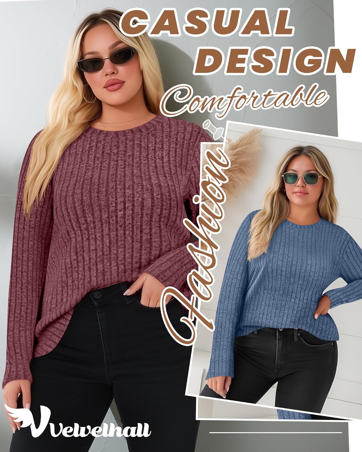 3 Pack Women's Plus Size Tunic Sweaters Ribbed Long Sleeve Slim Fit Shirts Crewneck Pullover Casual Tops - Image 5