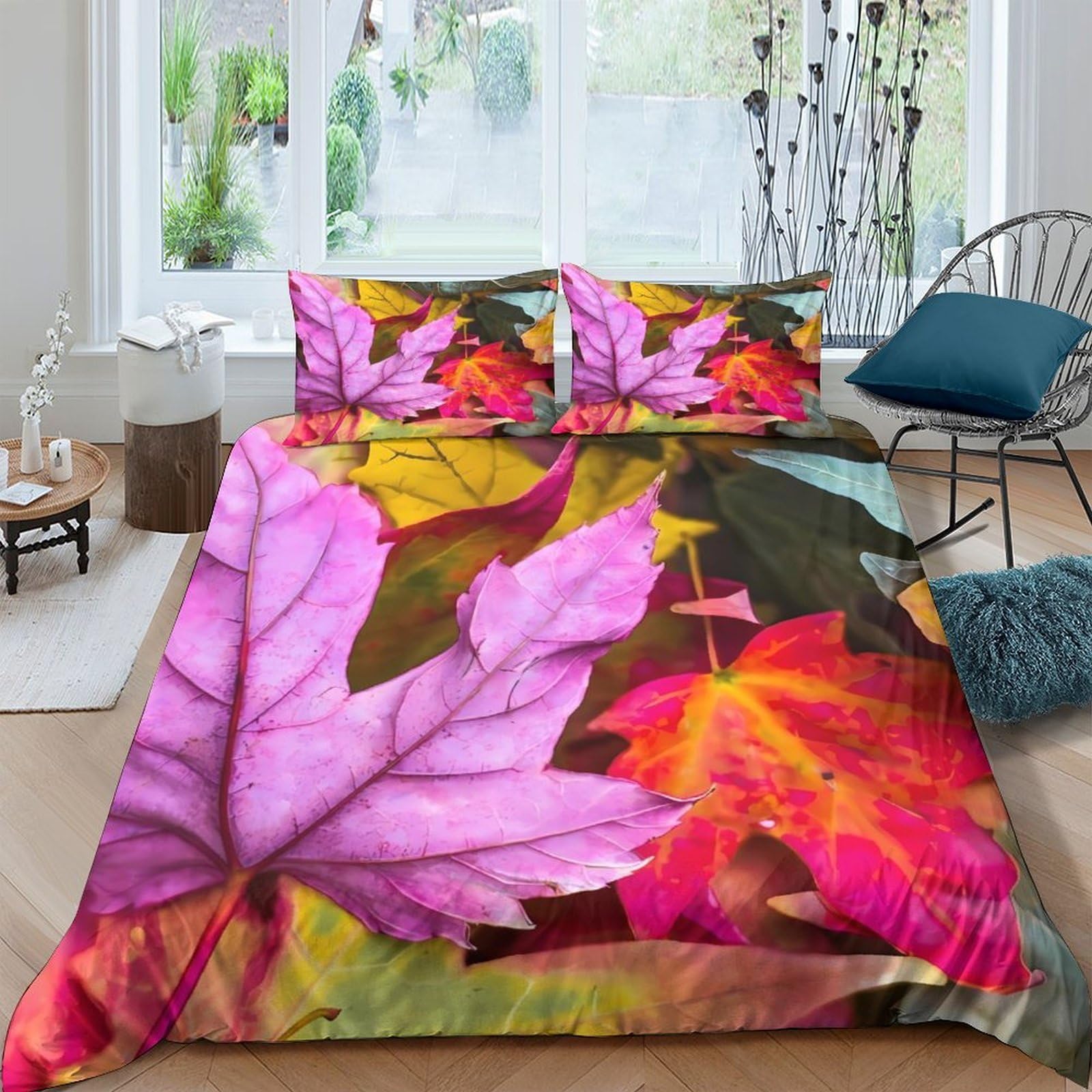 GPLZQXKJNH 3D Printed Autumn Maple Leaves Duvet Cover Microfiber Soft Breathable Fall Forest Bedding Set with 2 Pillowcases for Bedroom Decor, Single（135x200cm）