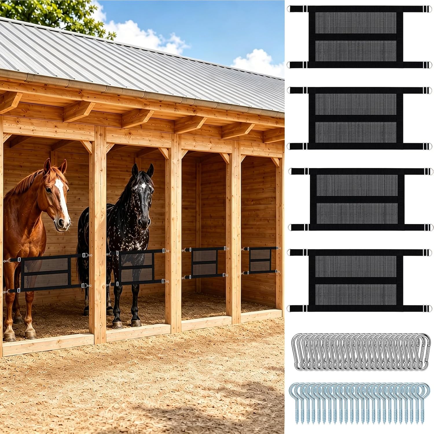 Zonon 4 Pack 29" x 20" Breathable Mesh Stall Guards for Horses | Small Stall Door Barrier with Adjustable Straps and Hardware, Mini Gate Guard for Pony, Foal, Barns and Stables