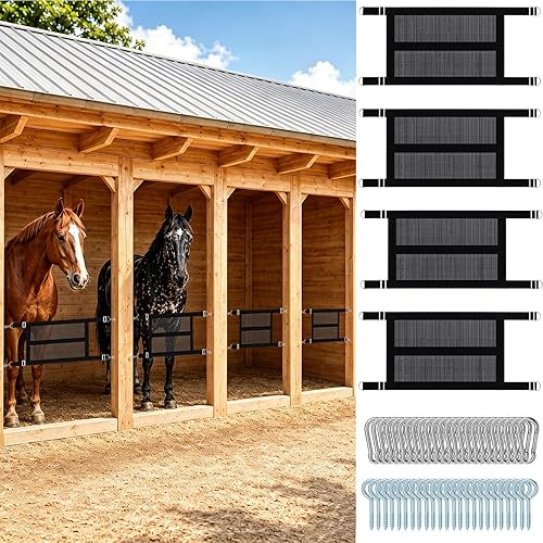 Zonon 4 Pcs 29" x 20" Polyester Stall Guards for Horses with Adjustable Straps and Hardware, Black Stall Gate, Each Set Includes 6 Nails and 6 Hooks for Stables, Barns, Breeding Farms and Fences