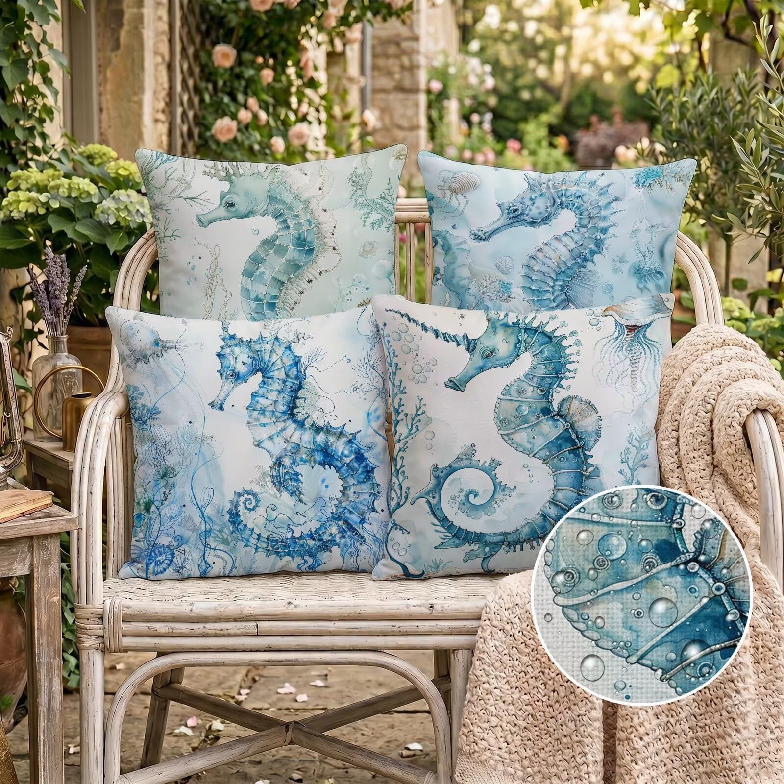 Federe Cuscini Divano 60x60cm Set di 4 Stampa Fronte-Retro Oceano Haima in Lino Copricuscini, Cuscini da Esterno Impermeabili per Soggiorno Camera da Letto Giardino & Arredamento Casa C-O162