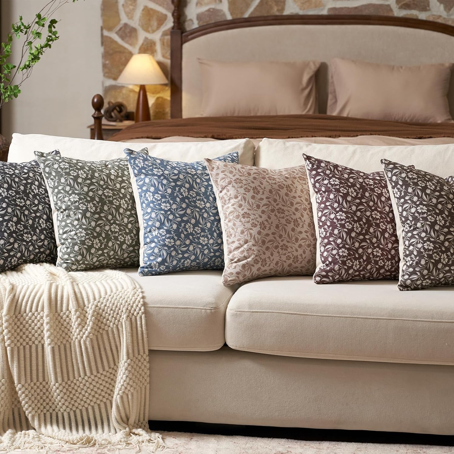 Aeckself Neutral Floral Pillow Covers 20x20 Set of 2, Vintage Block Print Throw Pillow Covers Decorative Farmhouse Accent Couch Pillows for Living Room Bedroom, Brown - Image 6