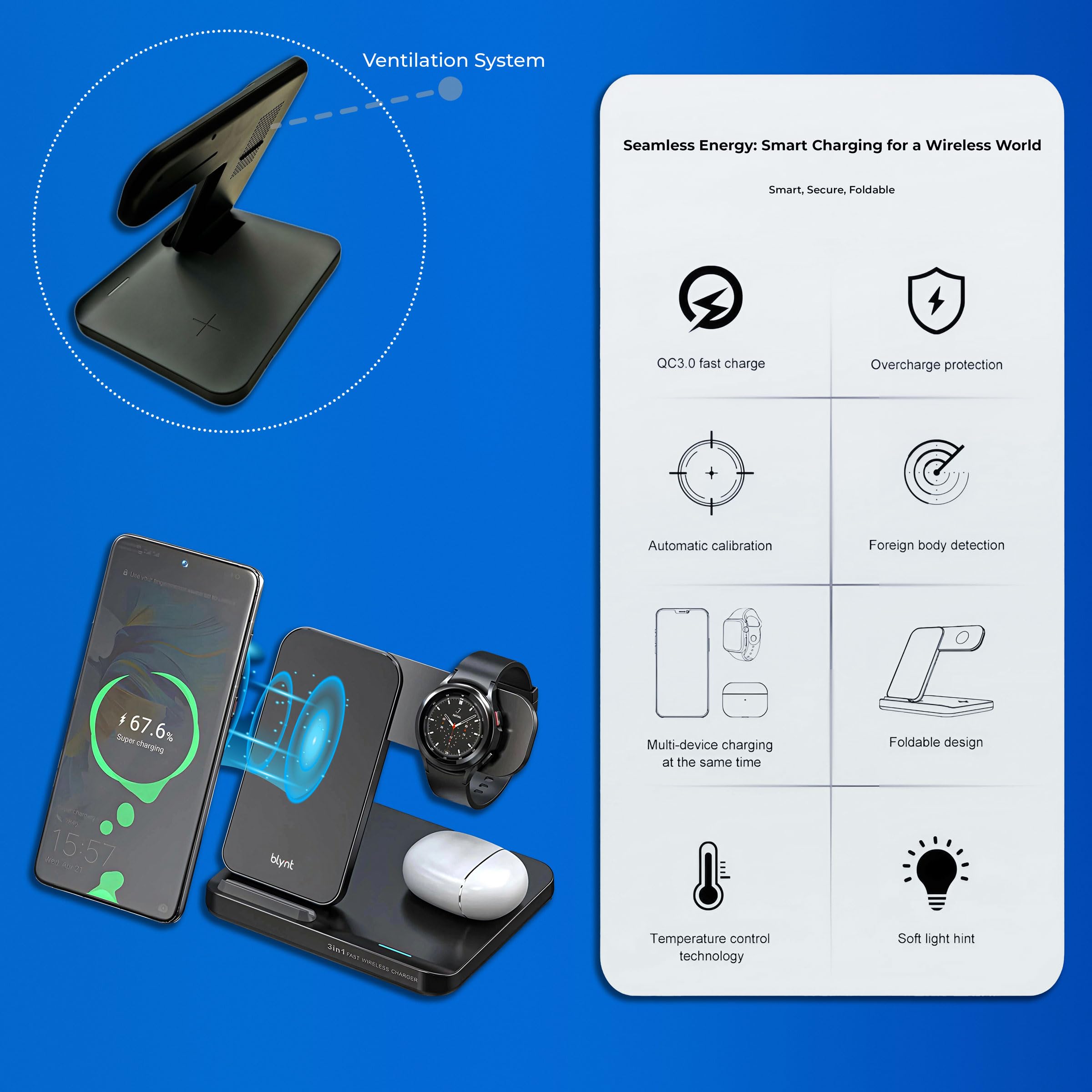 Estación de carga inalámbrica 3 en 1, cargador inalámbrico Qi plegable y rápido para iPhone, Android y dispositivos habilitados para Qi, fácil punto de carga todo en uno (negro)