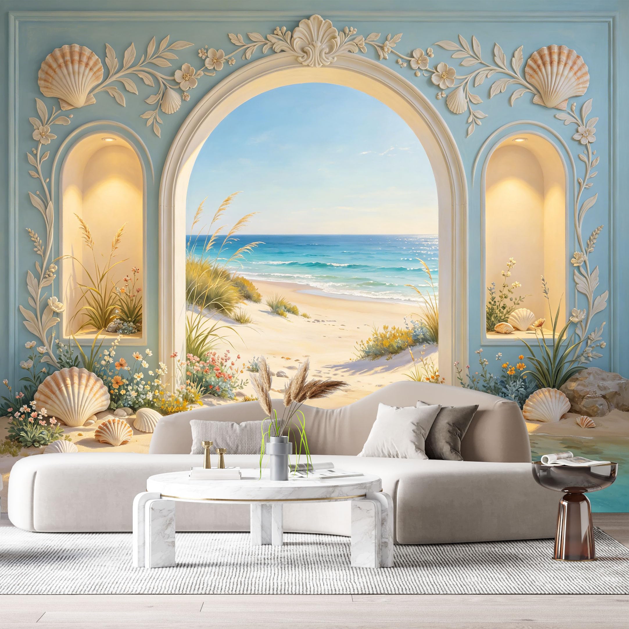 Custom Size Wall Murals Coastal Ocean Beach Archway 3D Trompe L'Oeil SelfAdhesiveWall Fabric Removable Wallpaper Wall Decor for Living Room Bedroom Bathroom