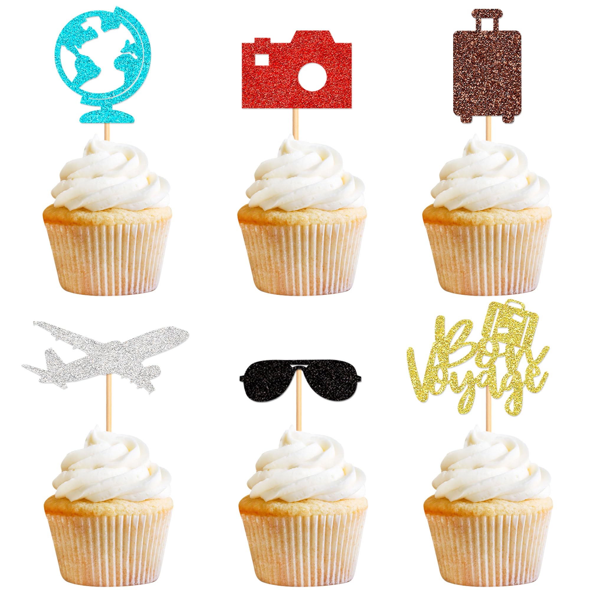 Cyodoos24 PCS Travel Bon Voyage Airplane Cupcake Toppers Airplane Suitcase map Cake Topper Picks for World Awaits Travel Themed Party Birthday Party Baby Shower Wedding Party Decorations