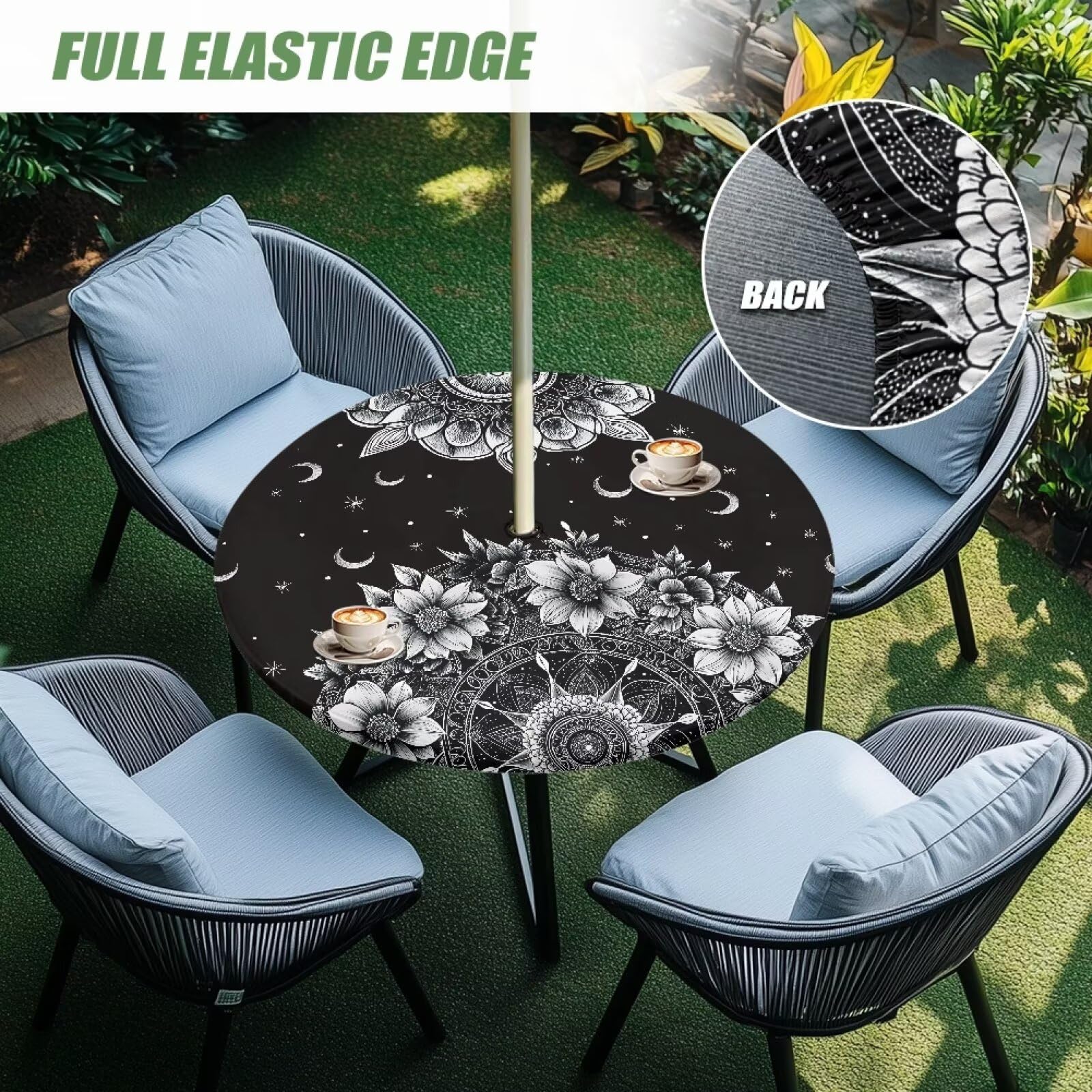 Urndoeng Bohemia Style Outdoor Tablecloth with Umbrella Hole Waterproof Round Vinyl Fitted Tablecloth with Elastic Zippered Mandala Wipeable Table Cloth Round Cover for Picnic Patio,Bar Black White - Image 3