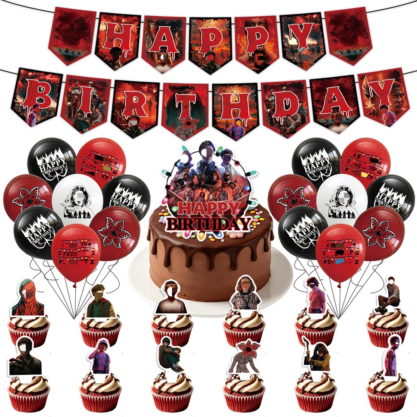 30PCS Stranger Party Decorations, Movie Theme Birthday Decorations With Banner Latex Balloons Cake Topper Cupcake Toppers, Birthday Party Supplies for Kids Boys And Girls