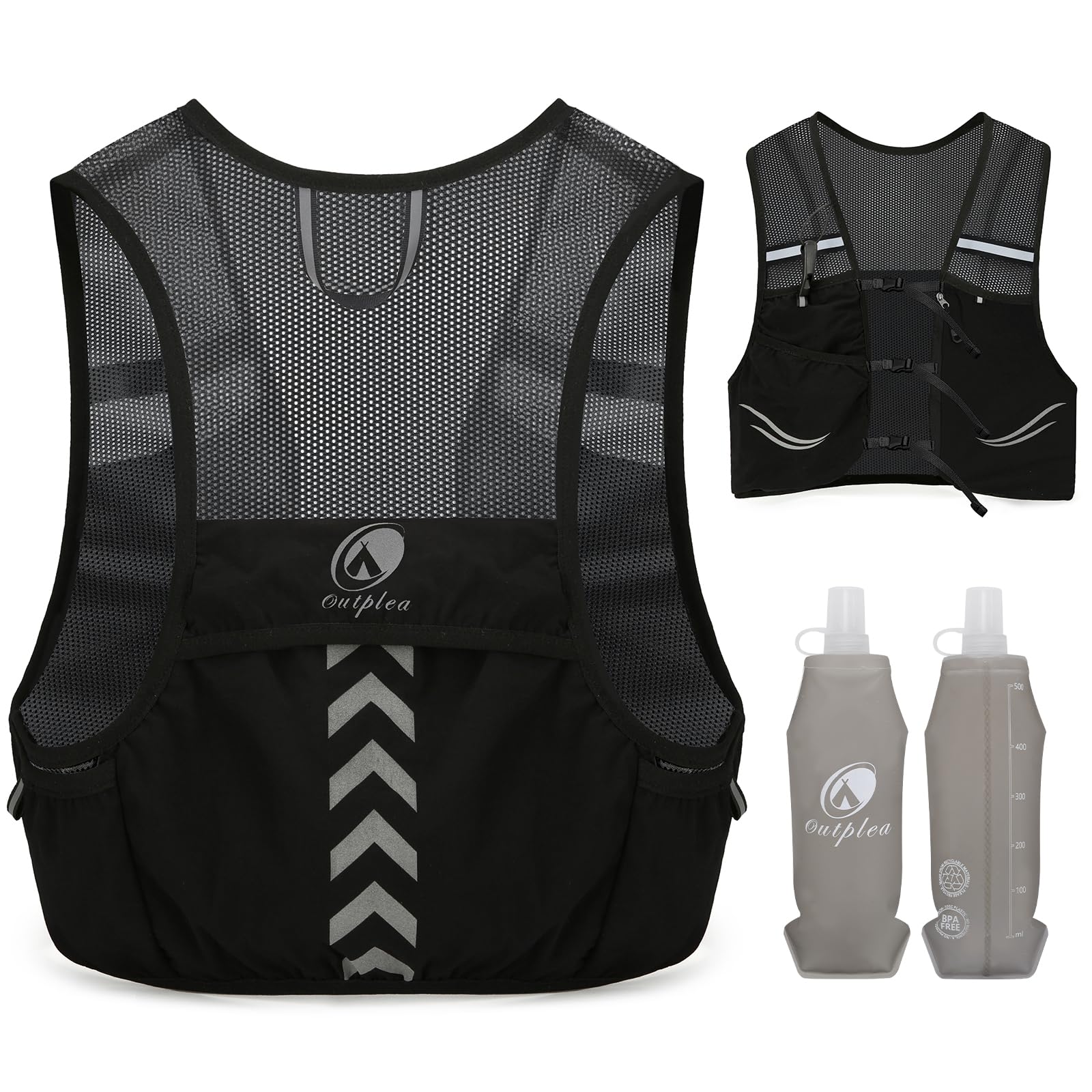 Outplea Breathable Reflective Running Vest with 2 pcs Soft Water Bottle for Men Women, Ultralight Hydration Vest for Jogging Trail Running Cycling Race Marathon, Black Mesh/M โ image 1