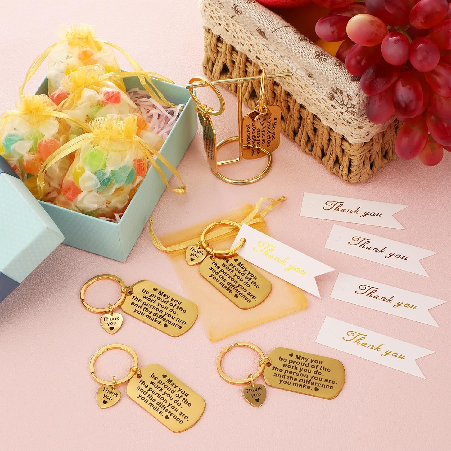 Yinkin 72 Pcs Employee Appreciation Gifts Bulk Thank You Coworker Keychain Gifts with Organza Bags and Thank You Cards