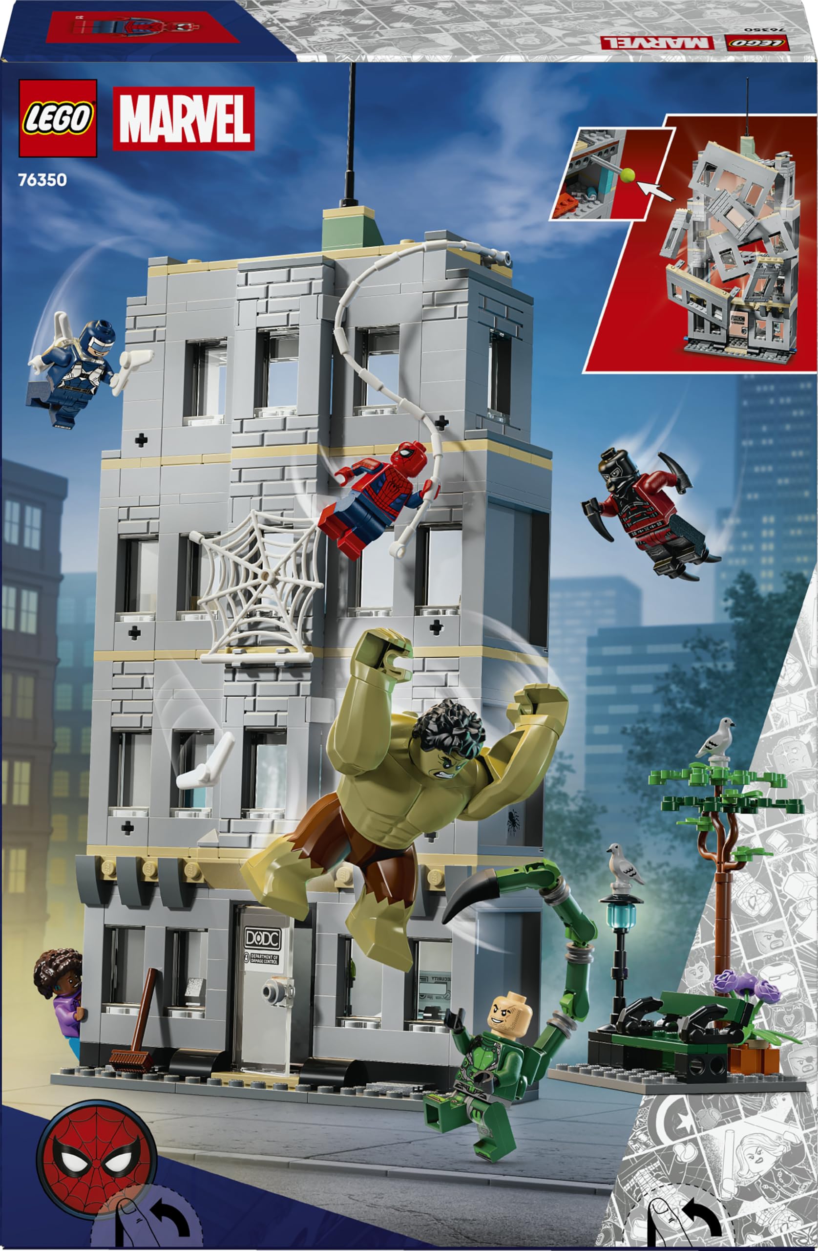 LEGO | Marvel Spider-Man vs. Hulk: Choque Épico - Juguete Interactivo con Oficina de 4 Plantas, Figura de Acción de Superhéroe, 5 Minifiguras Inc. Escorpión - Regalo para Niños de 8+ Años - 76350