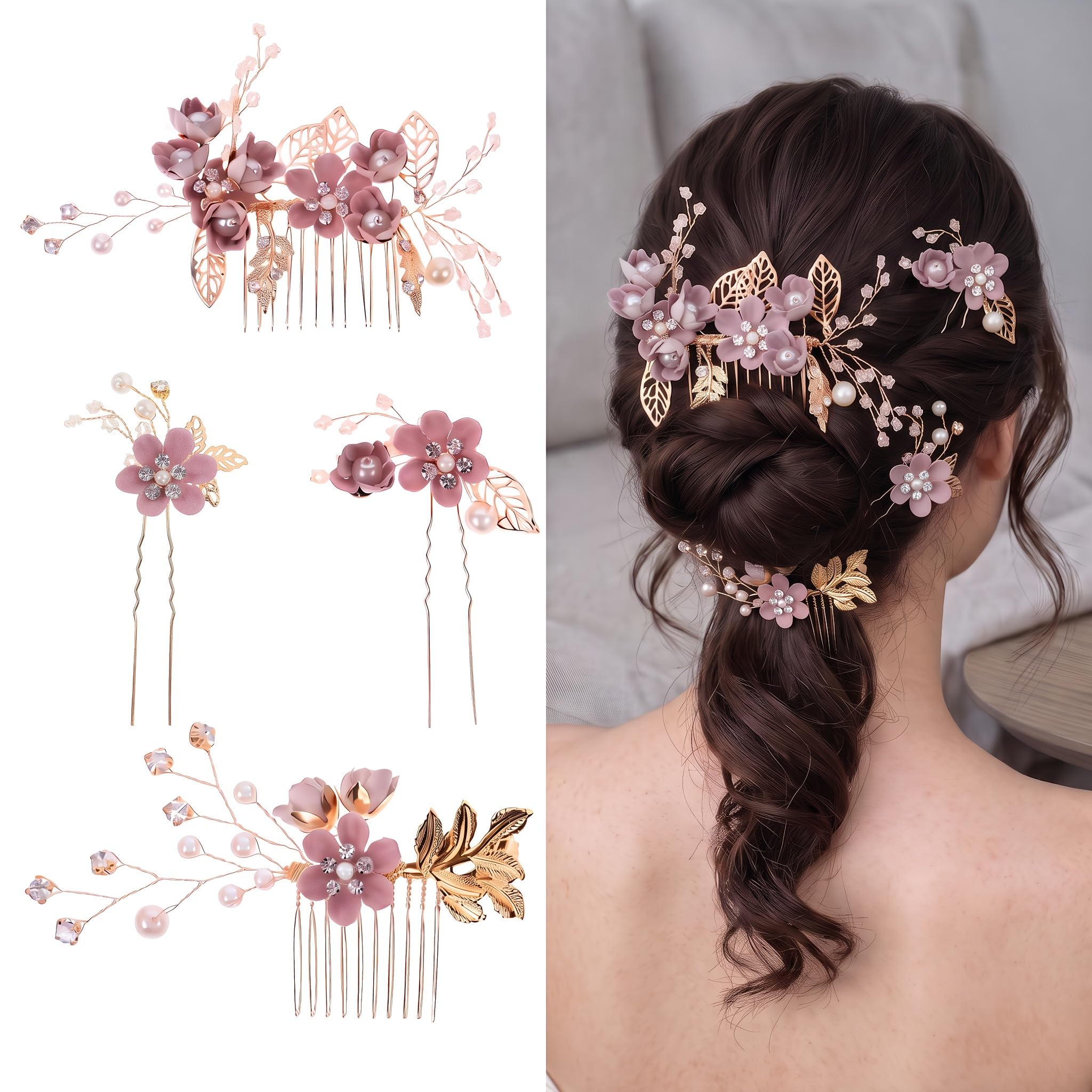 NUOBESTY Wedding Hair Comb Set 4 pcs Floral Rhinestone Bridal Headpiece Hair Accessories for Bridesmaids Wedding Prom Engagement Anniversary