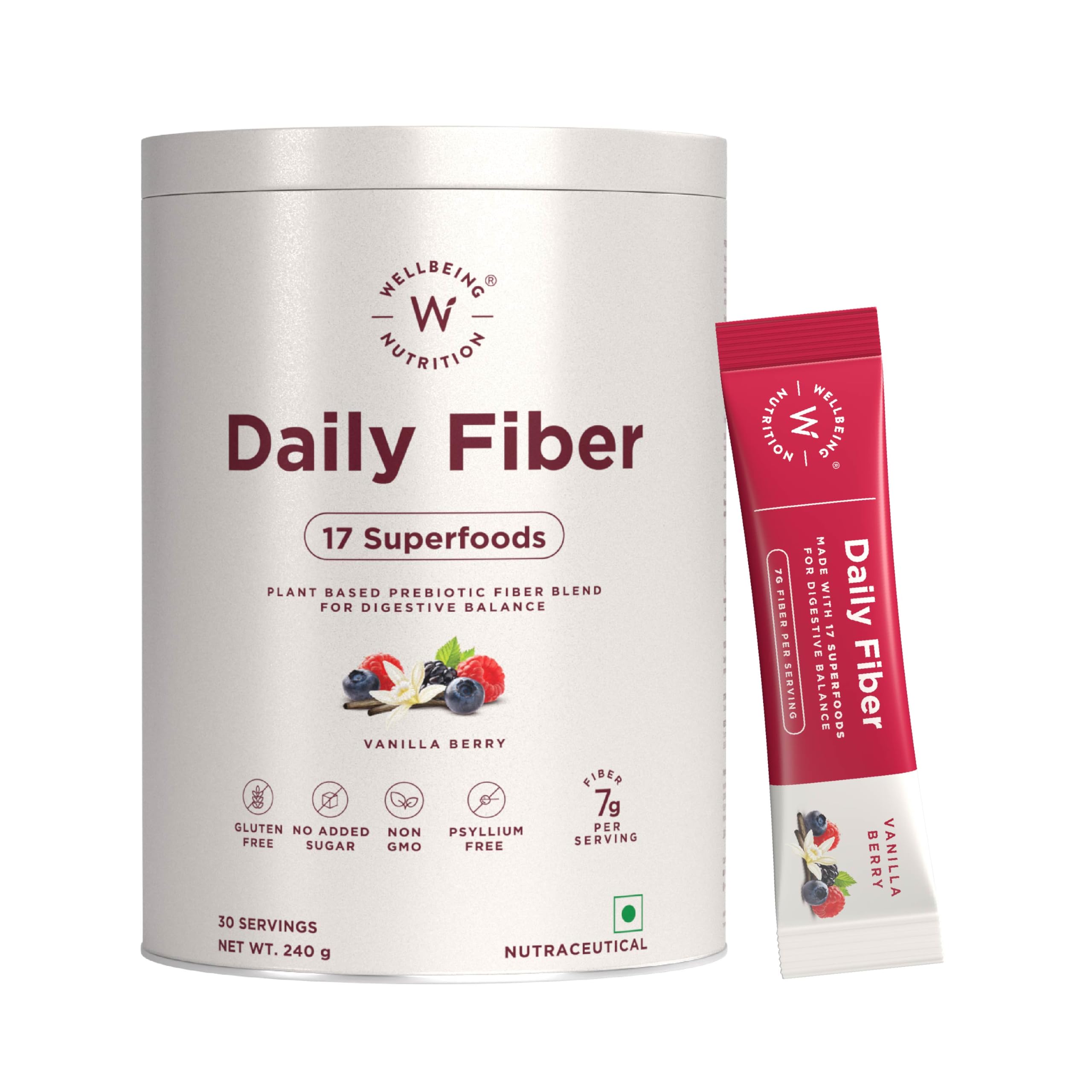 WELLBEING NUTRITION Daily Fiber Powder|Weight Management, Manages Sugar Control, Bloating, Constipation & Acidity Relief|Organic Prebiotic Digestive Fiber Supplement|Vanilla Berry|30 Servings, 1 count