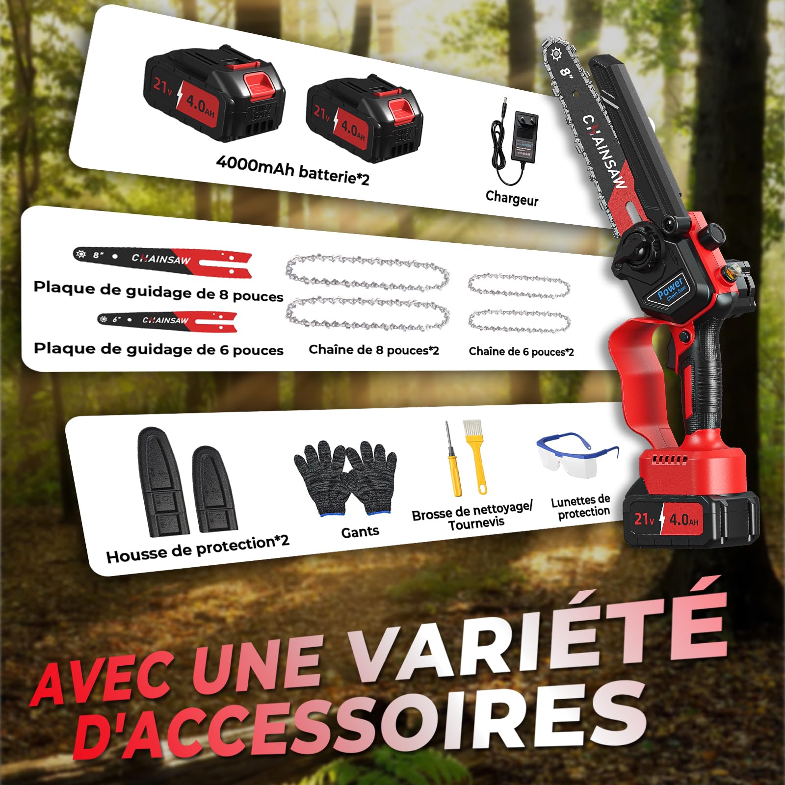 Mini Tronçonneuse à Batterie 6 et 8 Pouces, 1300W Brushless Tronconneuse Electrique Sans Fil pour Jardin, 8000mAh Tronçonneuse Elagueuse sur Batterie, D'huile Automatique, Compatible avec Makita 18V