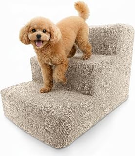Muralo Dog Stairs 3 Steps 30cm - Non Slip Pet Stairs for Small Dogs and Cats, Can Withstand Up to 17 Kg, Water-Repellent Washable Bouclé Cover, Sofa and Bed Assistance (Beige)