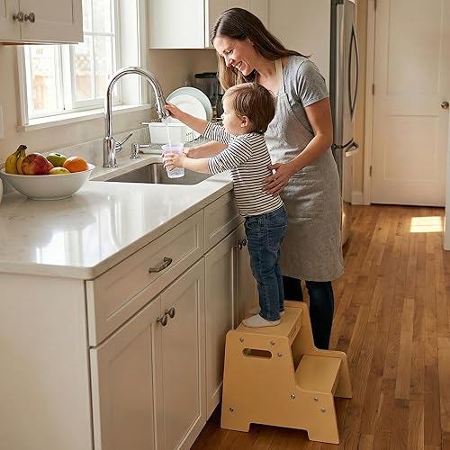 Miniatura 5 de Stepup Baby Taburete de madera barnizado para niños  Taburete infantil de 2 pasos con asas, madera contrachapada de abedul, base antipunta y