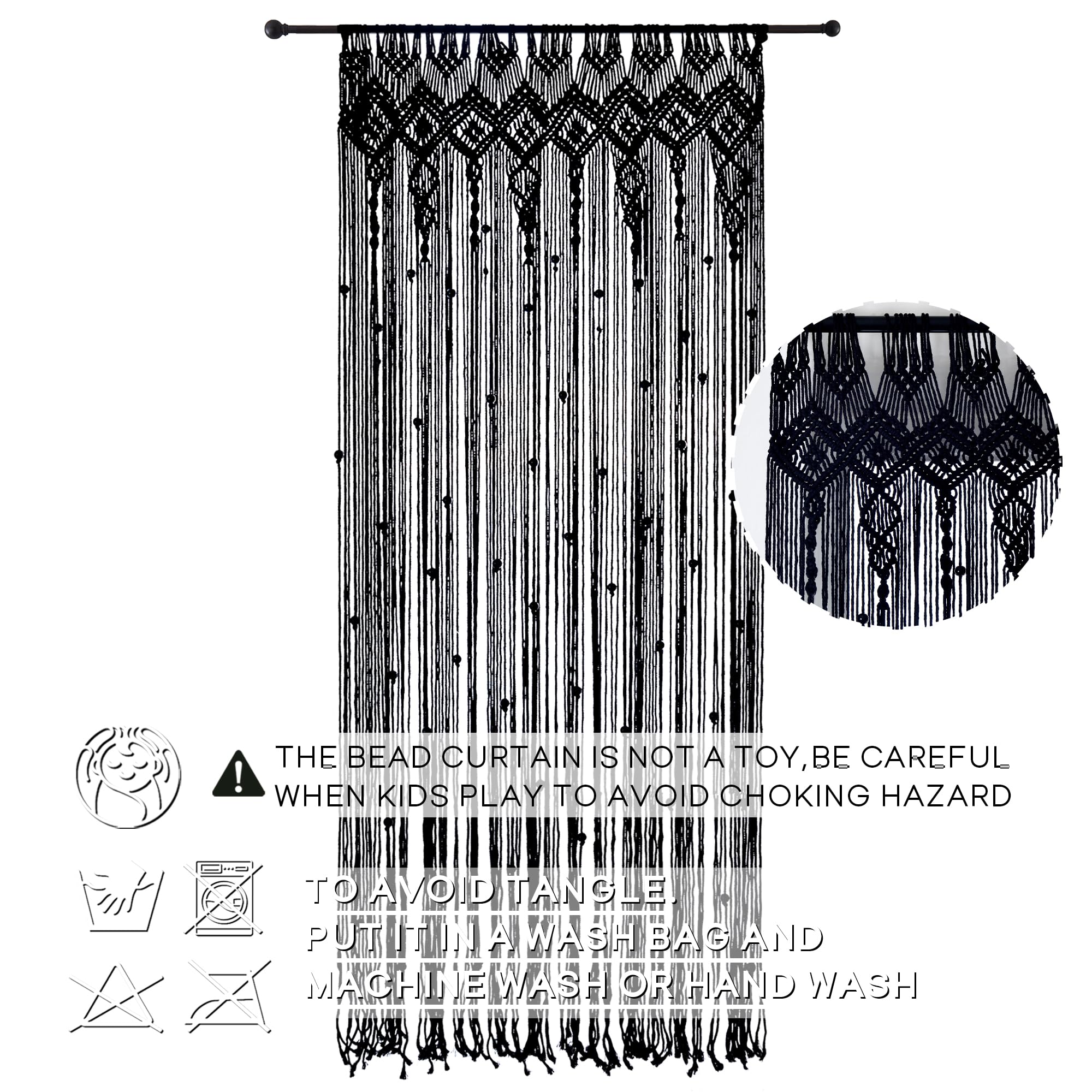 Lino Rosa Perlen-Türvorhang für Tür, Gothic-Hexe, schwarzer Makramee-Perlenvorhang für Schrank, Schlafzimmer, Wandbehang, Wandteppich, Grunge-Raumdekoration