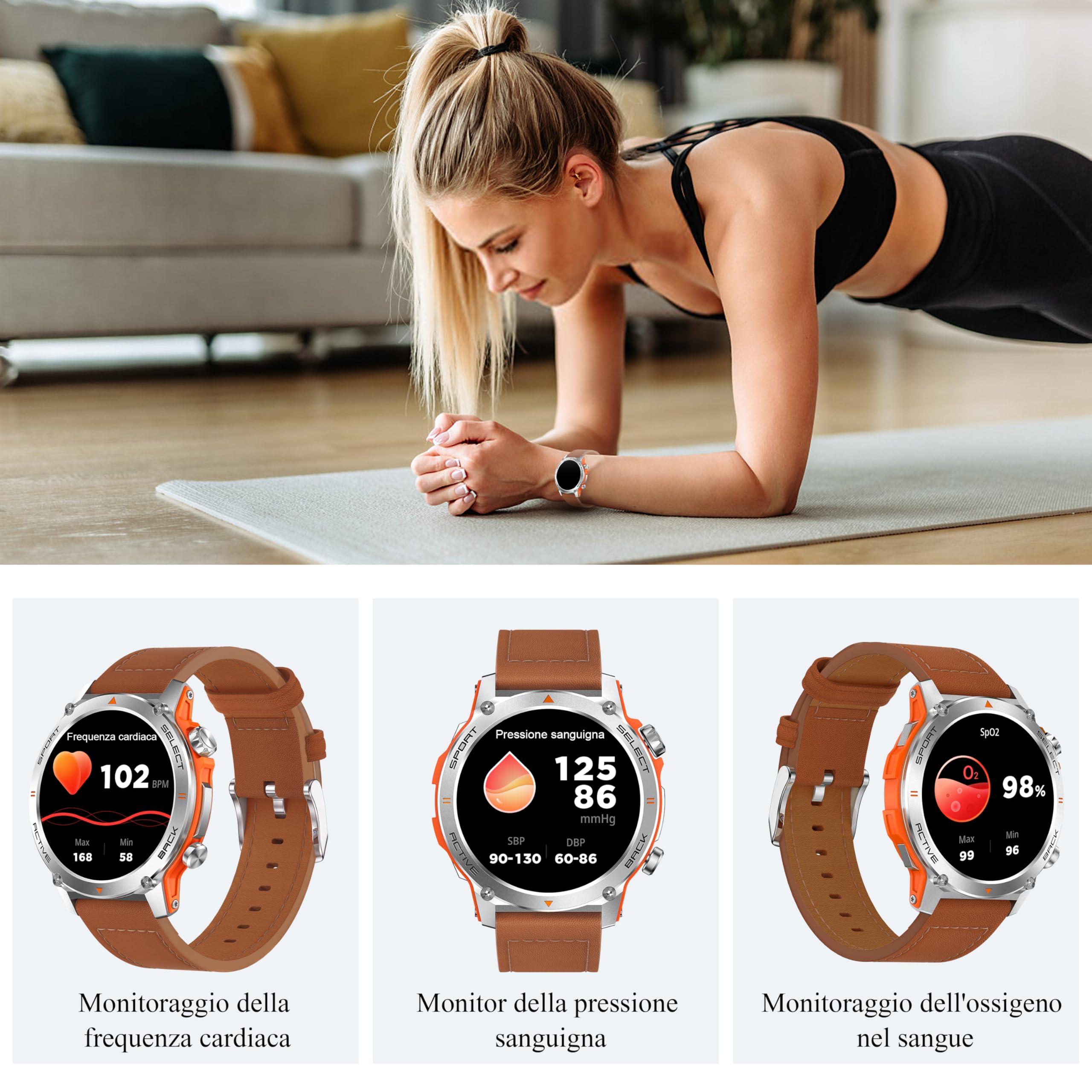 Popglory Smartwatch Uomo Donna, 1.43" AMOLED Orologio Chiamate, Orologio Digitale con Frequenza Cardia/SpO2/Pressione Sanguigna/Sonno/Contapassi, 110+ Sportive Fitness Tracker (No GPS Navigatore)