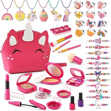 Kids Pretend Makeup Kit with Jewelry for Little Girls, Unicorn Play Necklaces Rings Bracelets Set with Purse for Toddlers Age 4-6 5-7 6-8, Birthday Easter Party Gifts