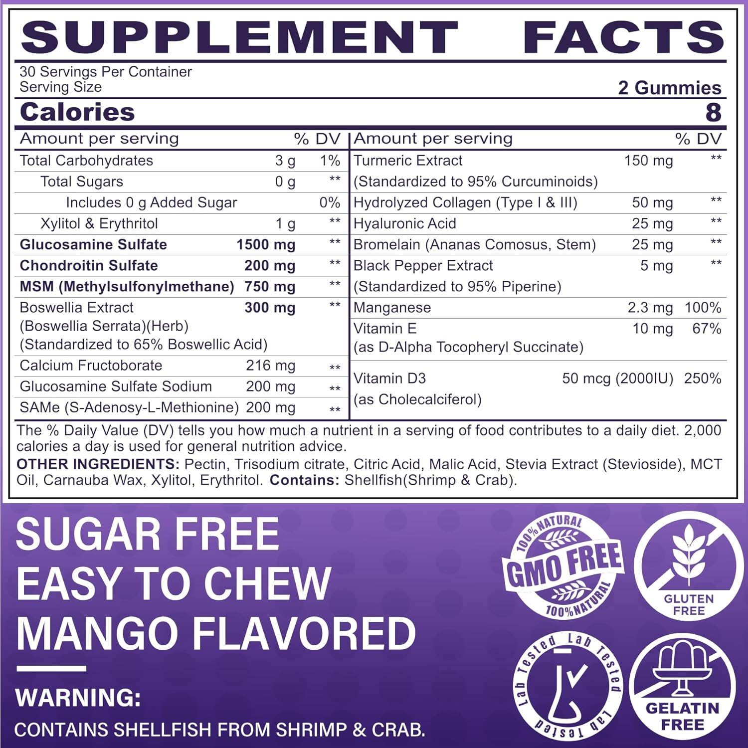 Glucosamine Chondroitin Gummies, Sugar Free Glucosamine Chondroitin MSM Supplement, Extra Strength with Boswellia Turmeric, Hydrolyzed Collagen & Hyaluronic Acid, Bone Health for Men & Women, 120 Cts - Image 2