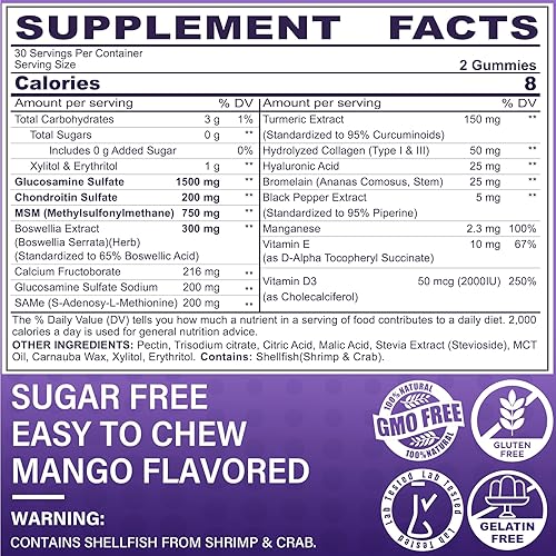 Miniatura 2 de Gomitas de condroitina de glucosamina con MSM, cúrcuma boswellia y ácido hialurónico, suplemento de apoyo articular extra fuerte para movilidad