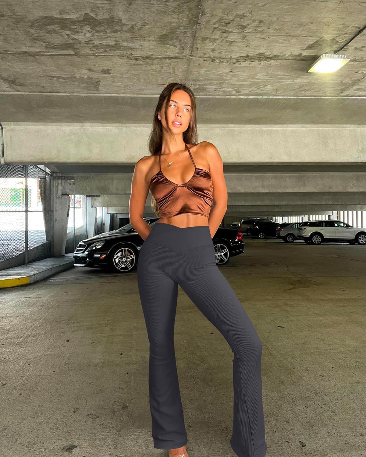 OQQ Women's Flared Pants Ribbed Cross Over High Waist Bell Bottoms Lounge Travel Pants - Image 5