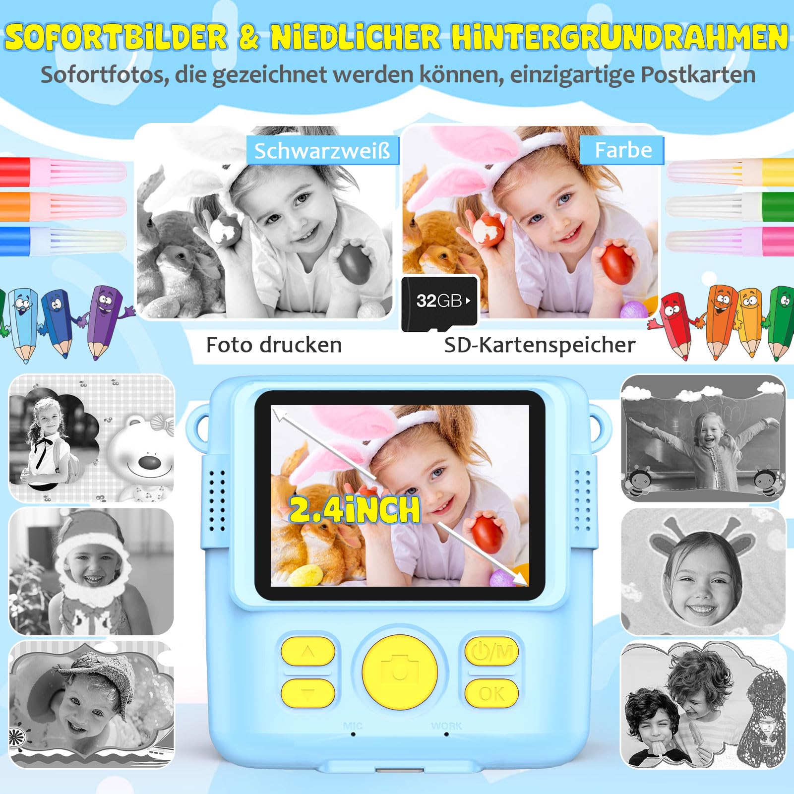 Fotocamera digitale per bambini, con stampa istantanea, 1080P, in bianco e nero, per foto (blu)..