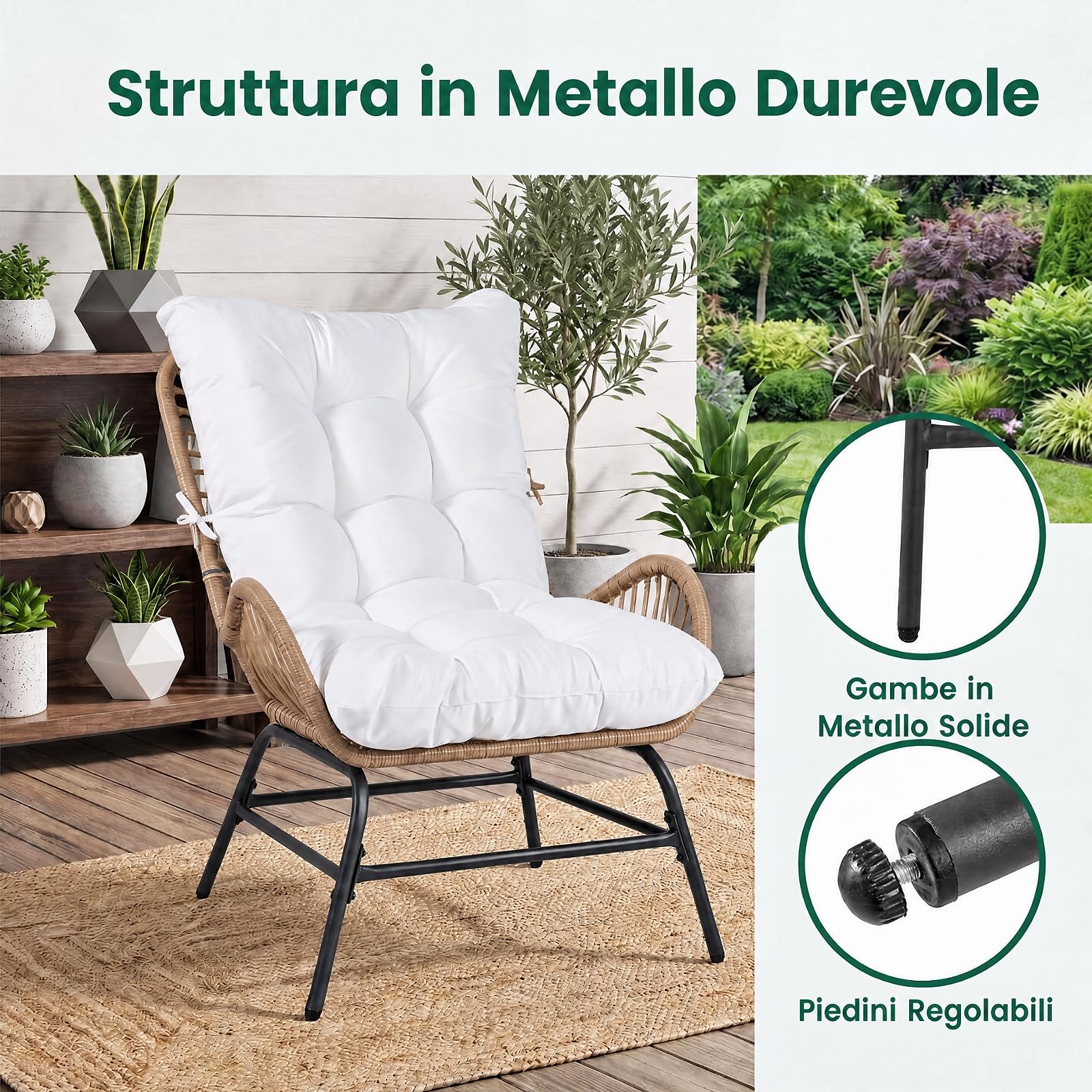 SOARS Poltrona da Giardino in Rattan PE, Sedia Relax con Cuscino Imbottito, Portata 180 KG, Sedile Ampio, Schienale e Braccioli, Poltrona Ergonomica per Balcone, Terrazza, Patio, Salotto (1,Bianco)