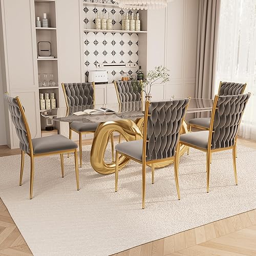 Miniatura 9 de Juego de 6 sillas de comedor de terciopelo, modernas sillas de cocina tejidas con patas de metal plateado, cojín tapizado con respaldo alto, Patas