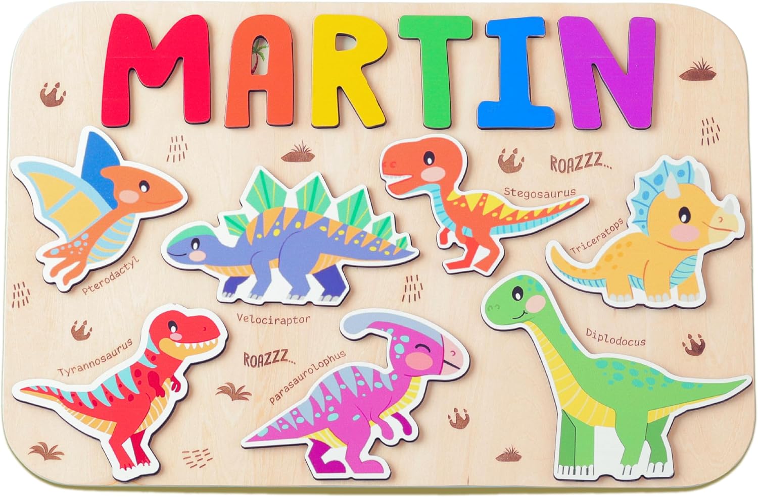 Personalized Wooden Name Puzzle for Toddlers, Learning Toy (Dinosaurs)
