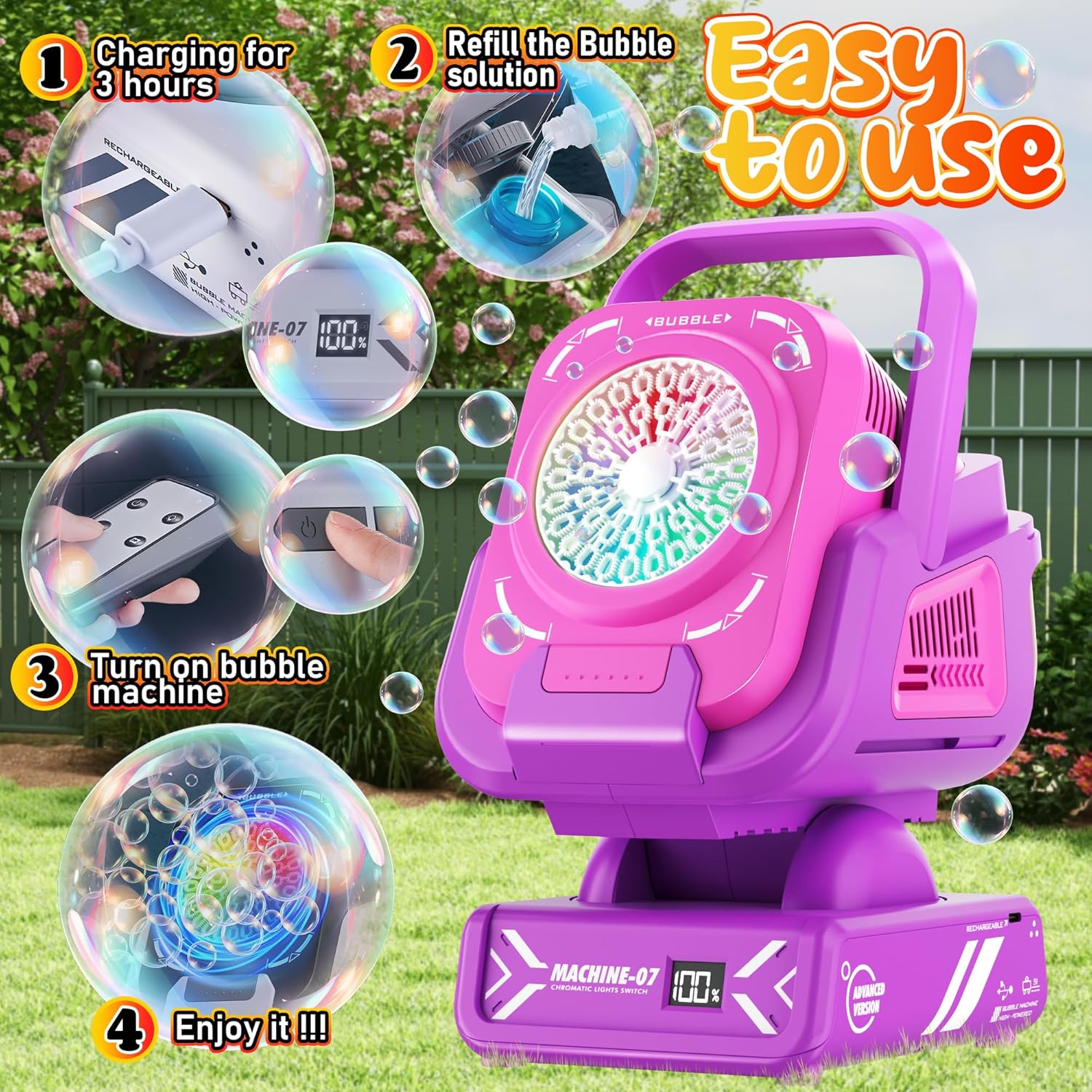 Bubble Machine,Bubble Maker for Party,Outdoor Toys for Kids,Rechargeable/with Remote Control / 7 Color RGB Lights,Wedding Birthday Party, Summer Activities Bubble Blower Gift for Boys & Girls
