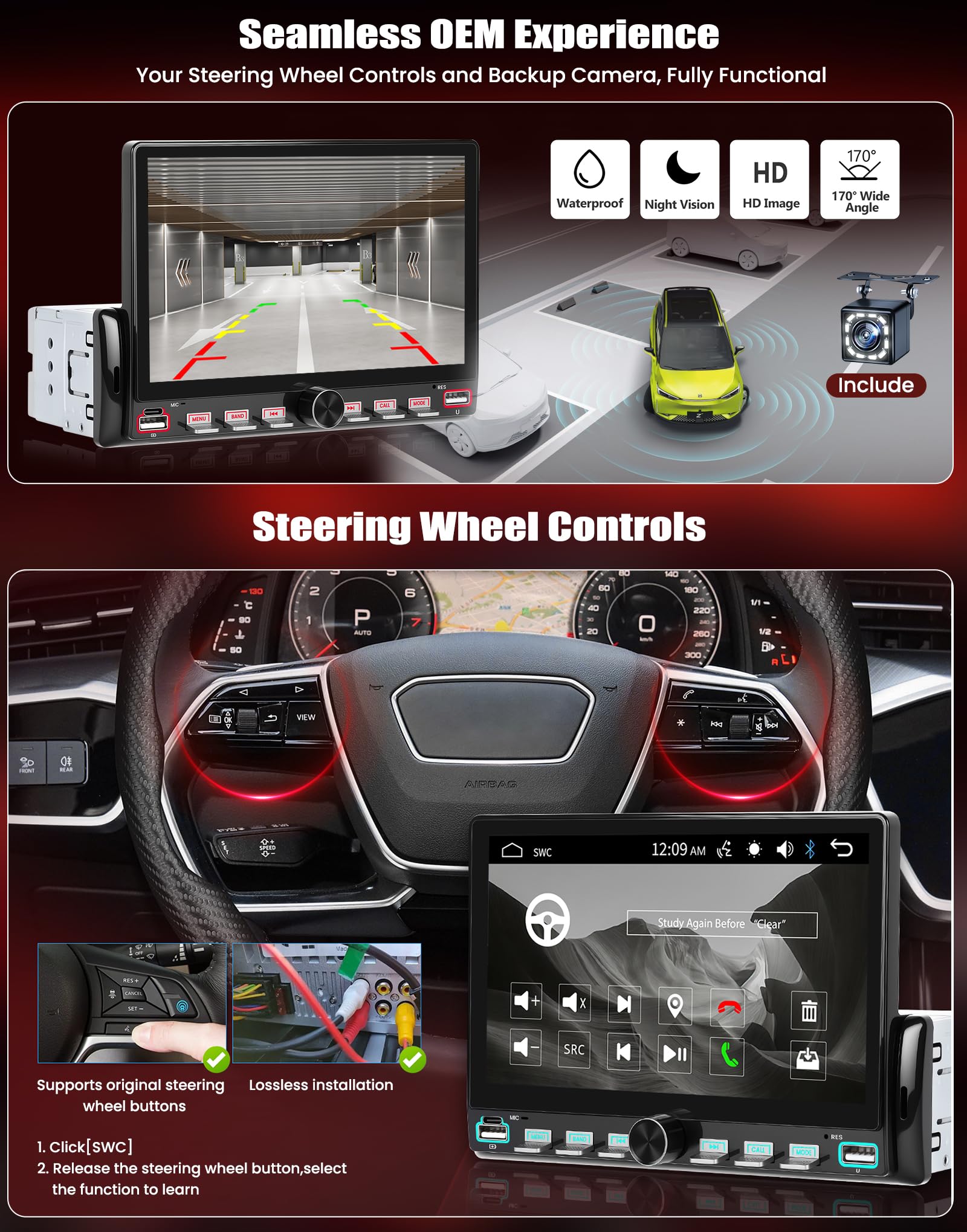 CAMECHO 1 DIN 7-calowy dotykowy odtwarzacz samochodowy z Bluetooth i mirror linkiem MP5 radio FM EQ USB sterowanie przyciskami na kierownicy + kamera