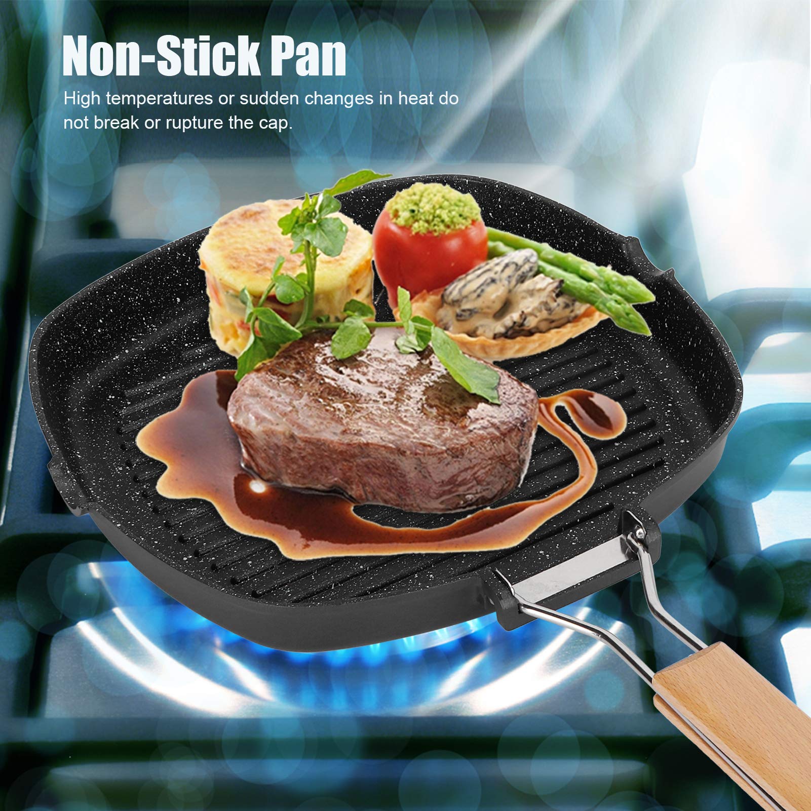 flexman Antiadherente Grill Pan, Multi Purpose Square Steak Fridge Pan con Maniglia Pieghevole in Legno, Grill Skillet Steak Pan per Stufa a Induzione, Stufa a Gas Generale