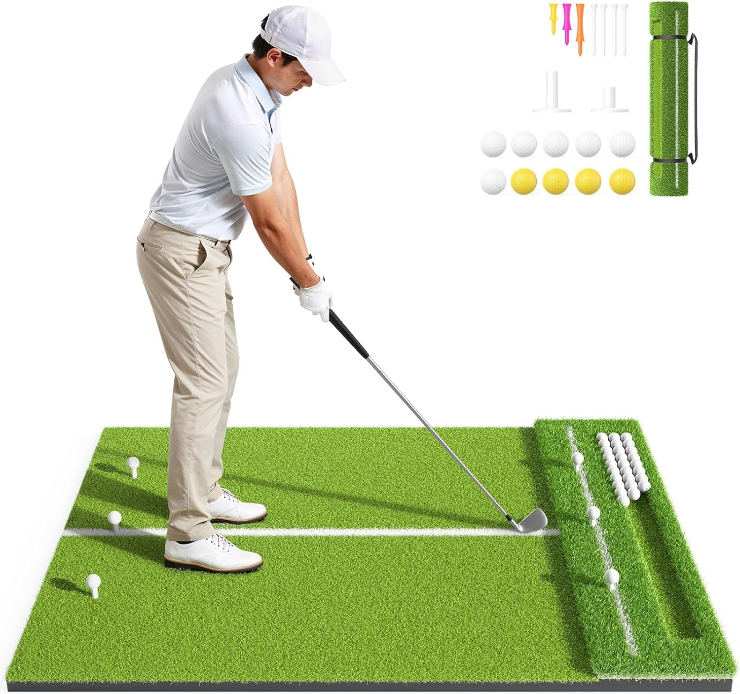 Golf Hitting Mat,31mm Thickened Mat with 10 Balls,2 Rubber Tees & 7 Tees,Tri-Turf Golf Practice Mat for Indoor & Outdoor Use, Durable Grass Hitting Pad for Driving, Chipping & Putting Training